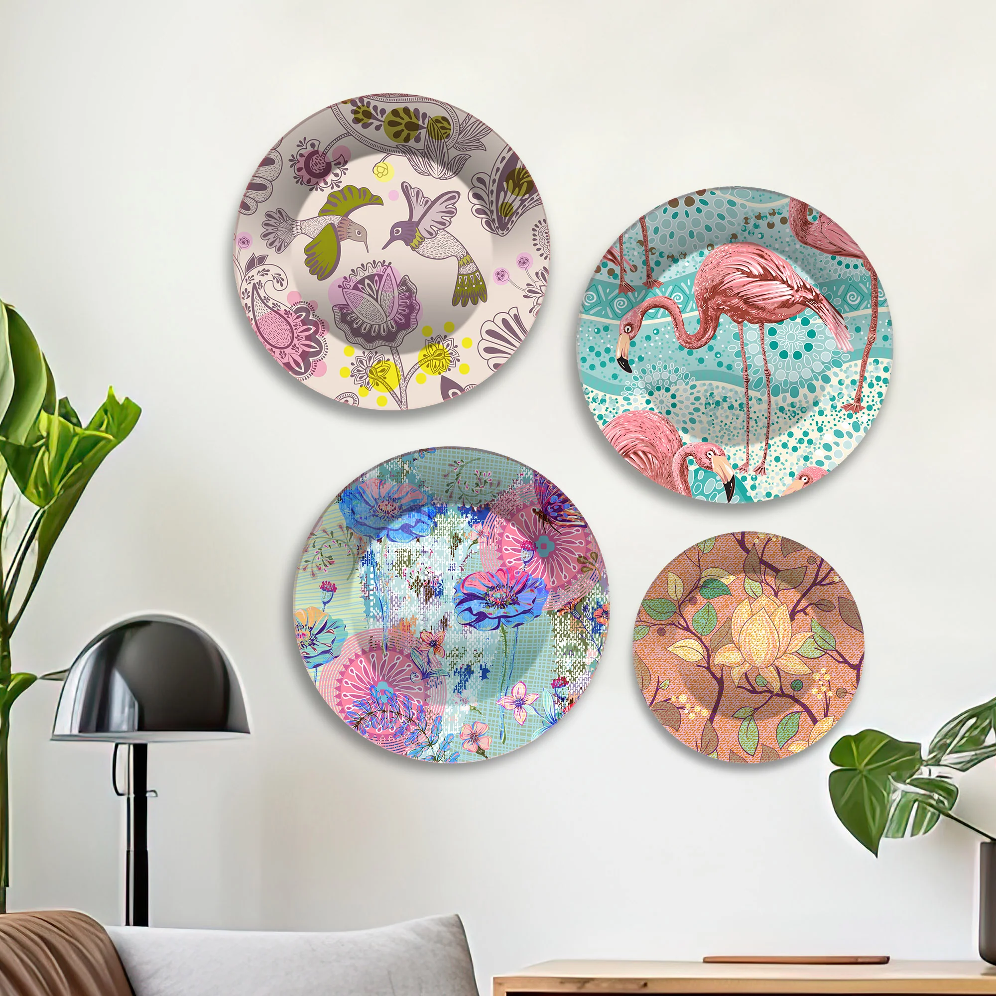 Flamingo & Floral Designer Premium Wall Plates Painting Set of Four - Image 2