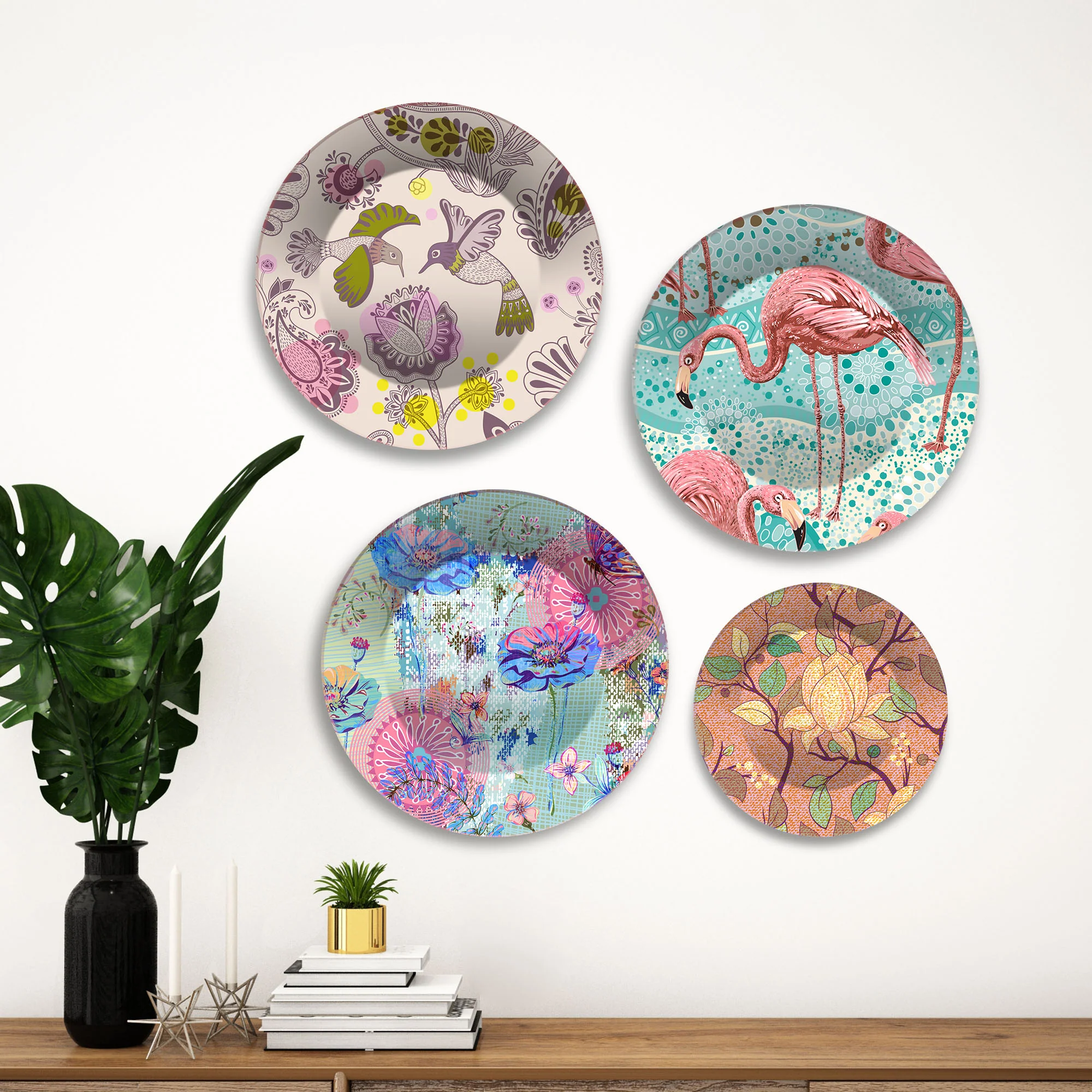 Flamingo & Floral Designer Premium Wall Plates Painting Set of Four - Image 3