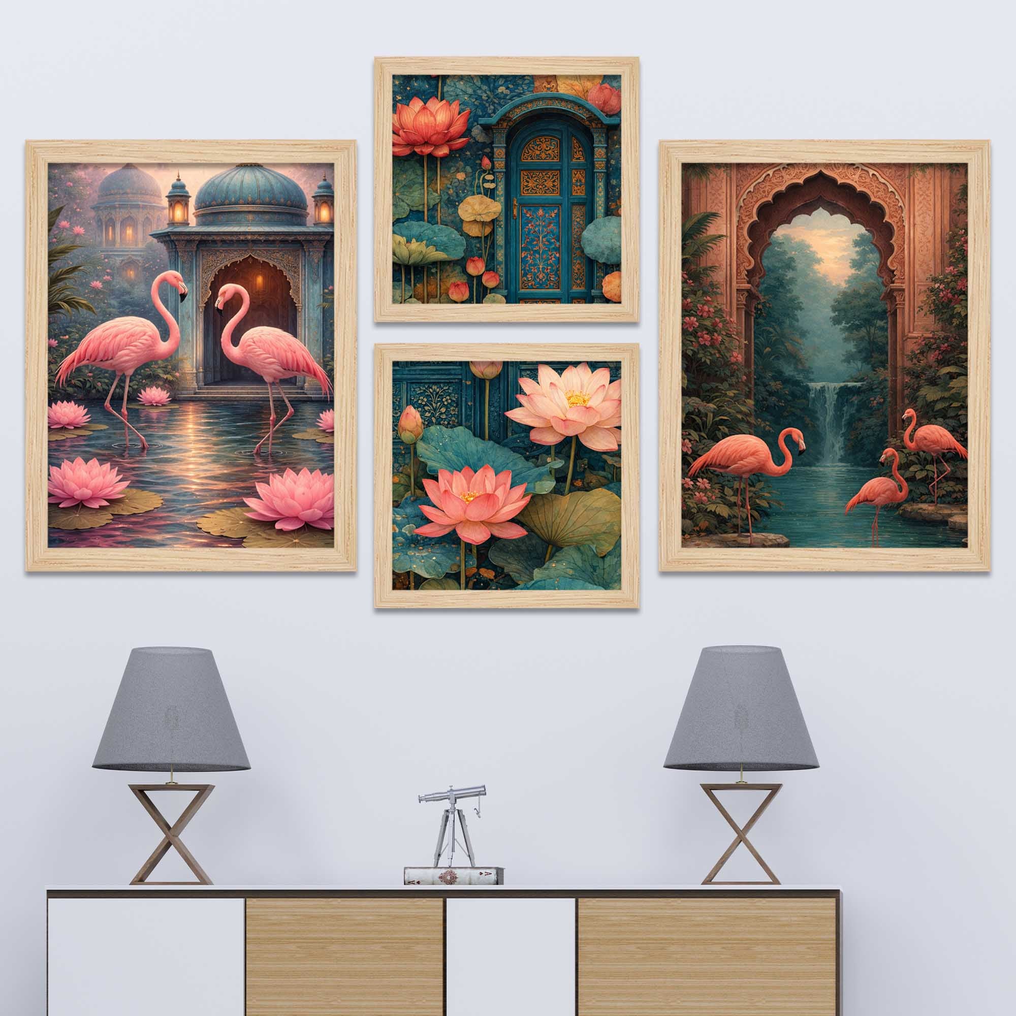 Flamingo Lotus Royal Door Luxury Palace Garden Wall Frame Set of Four - Image 2