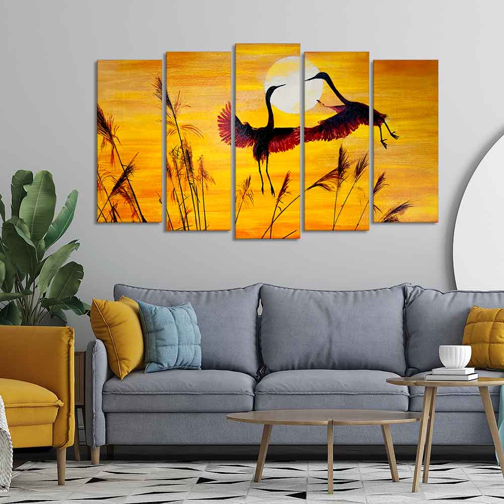 Flamingos Flying in Sunset 5 Pieces Wall Painting - Image 3
