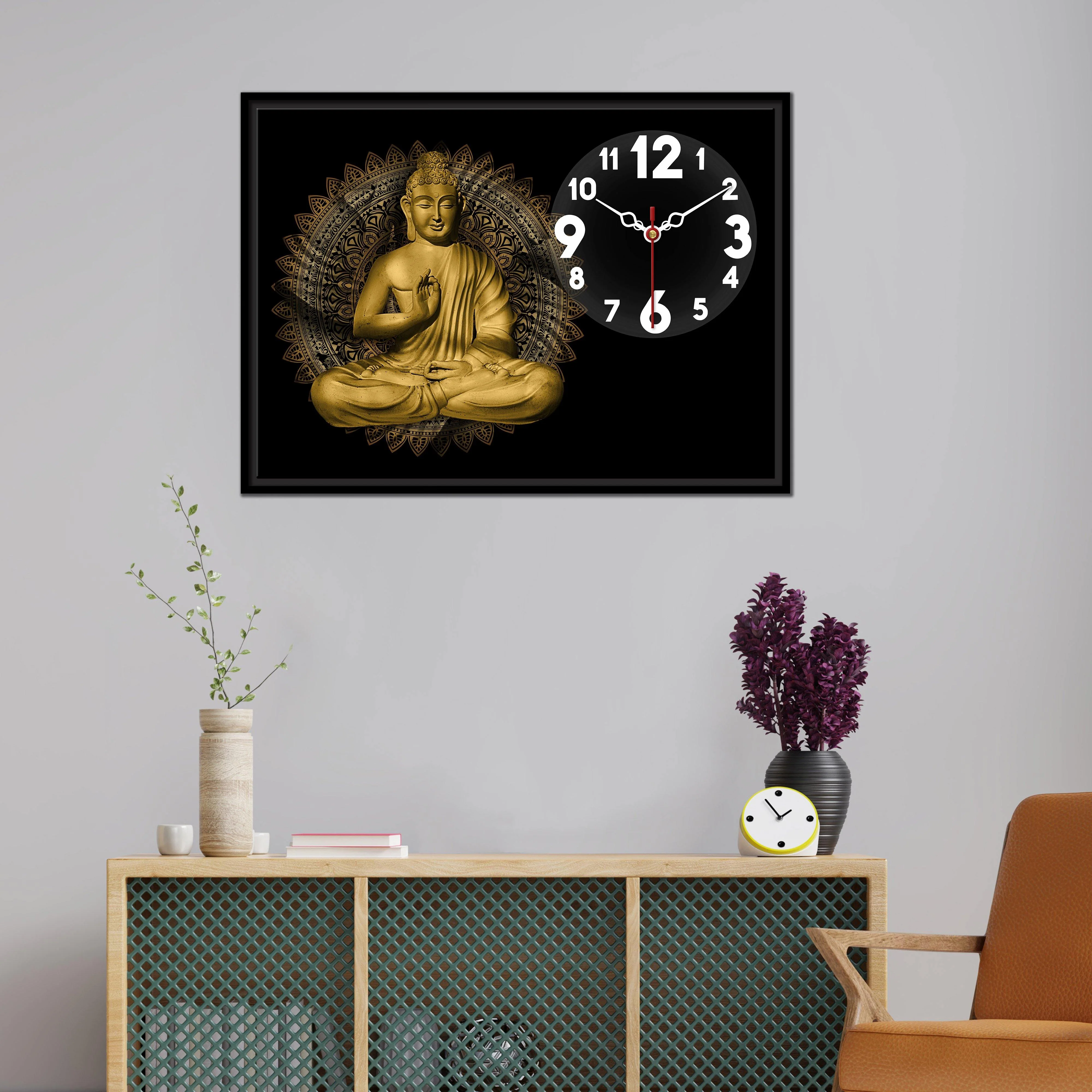 Floating Frame Gautam Buddha Wall Painting with Clock - Image 2