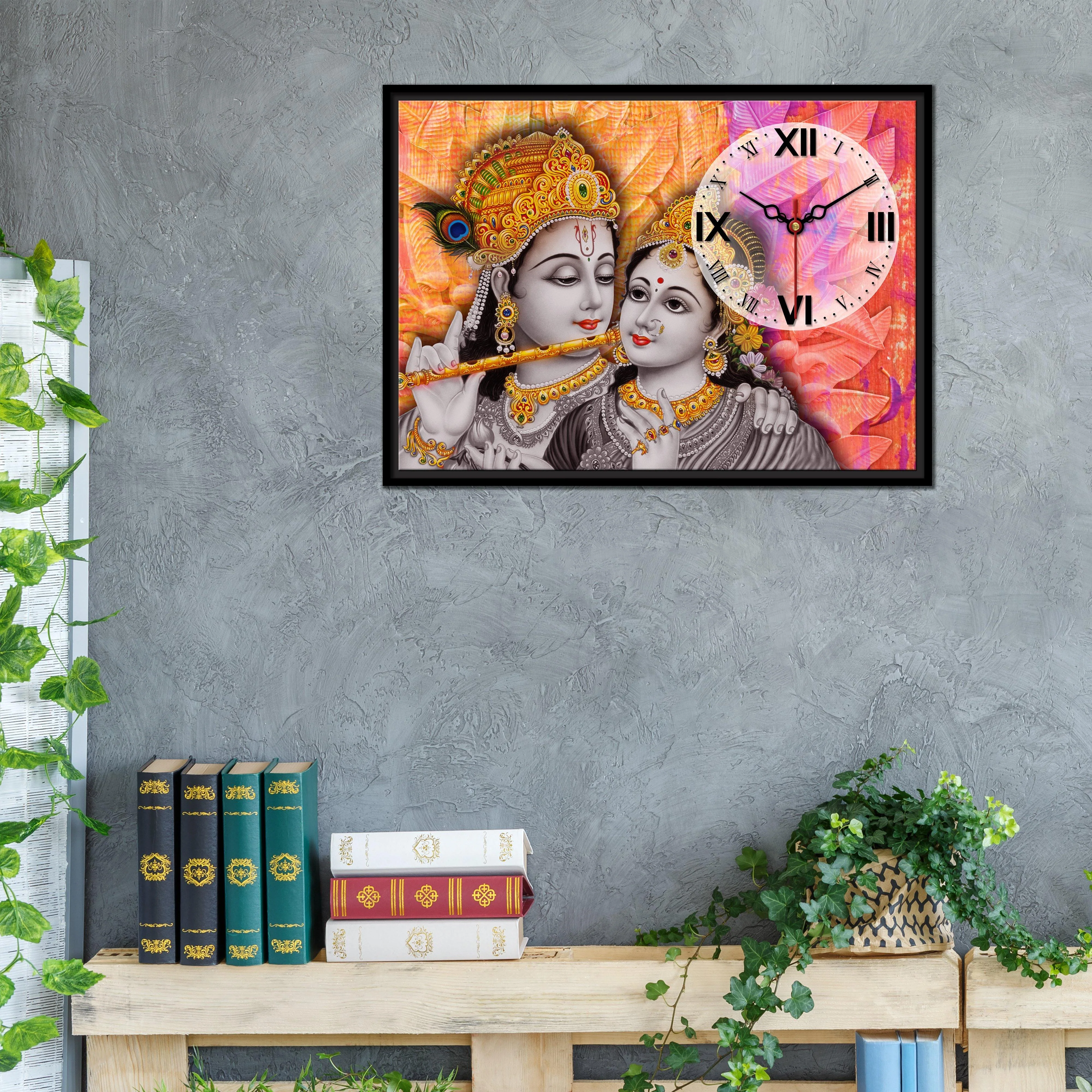 Floating Frame Lord Krishna Wall Painting with Clock - Image 2