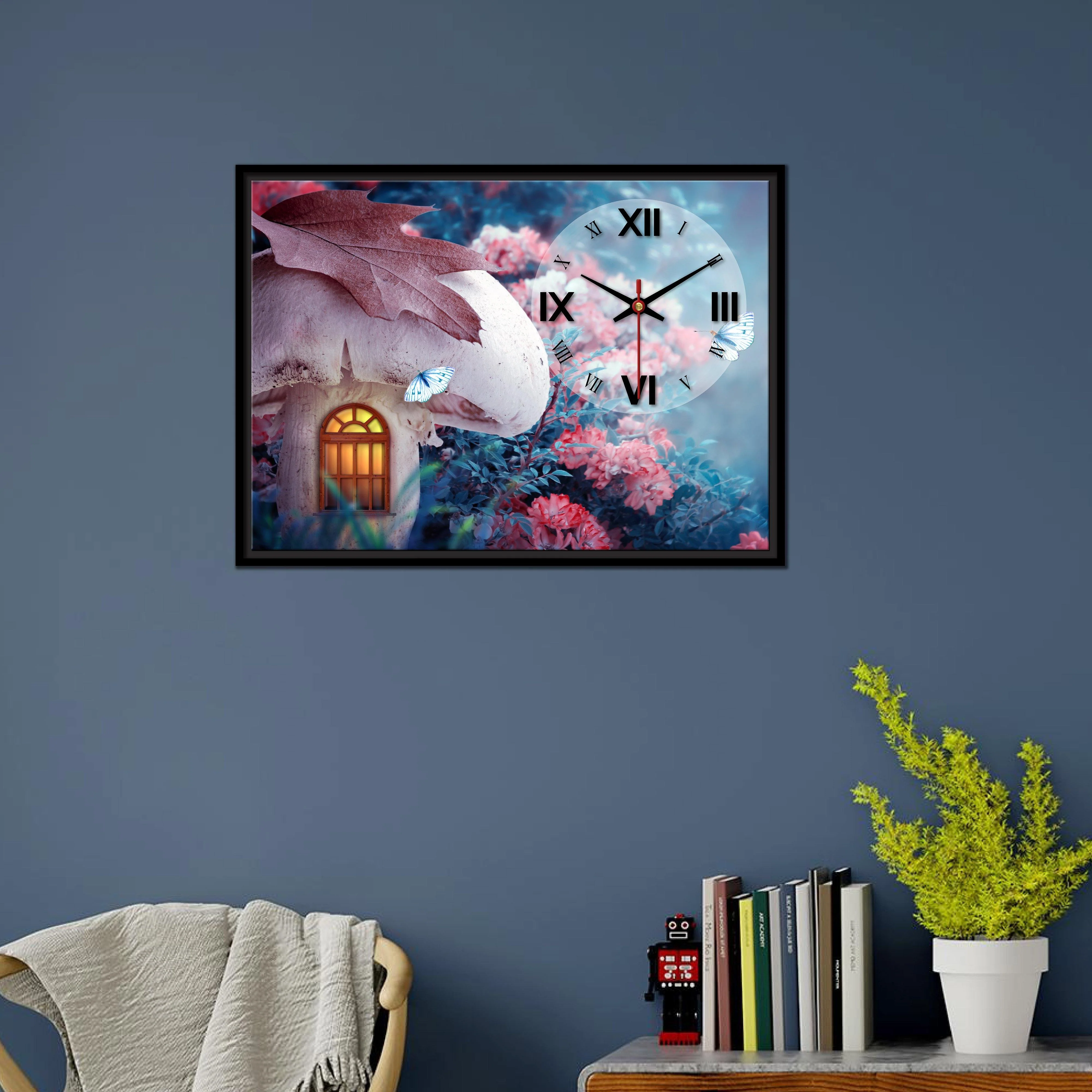 Floating Frame Mashroom House Wall Painting with Clock