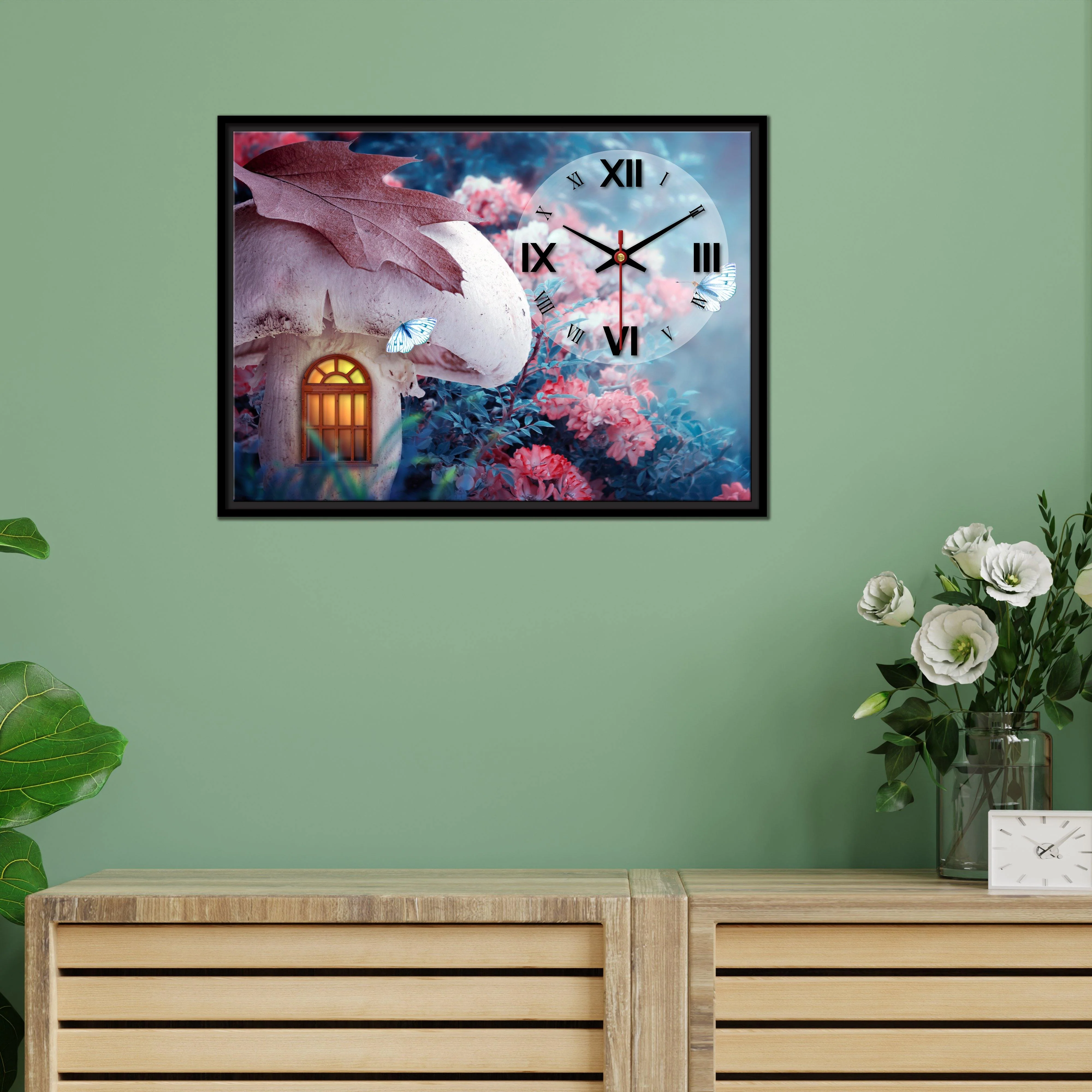 Floating Frame Mashroom House Wall Painting with Clock - Image 2