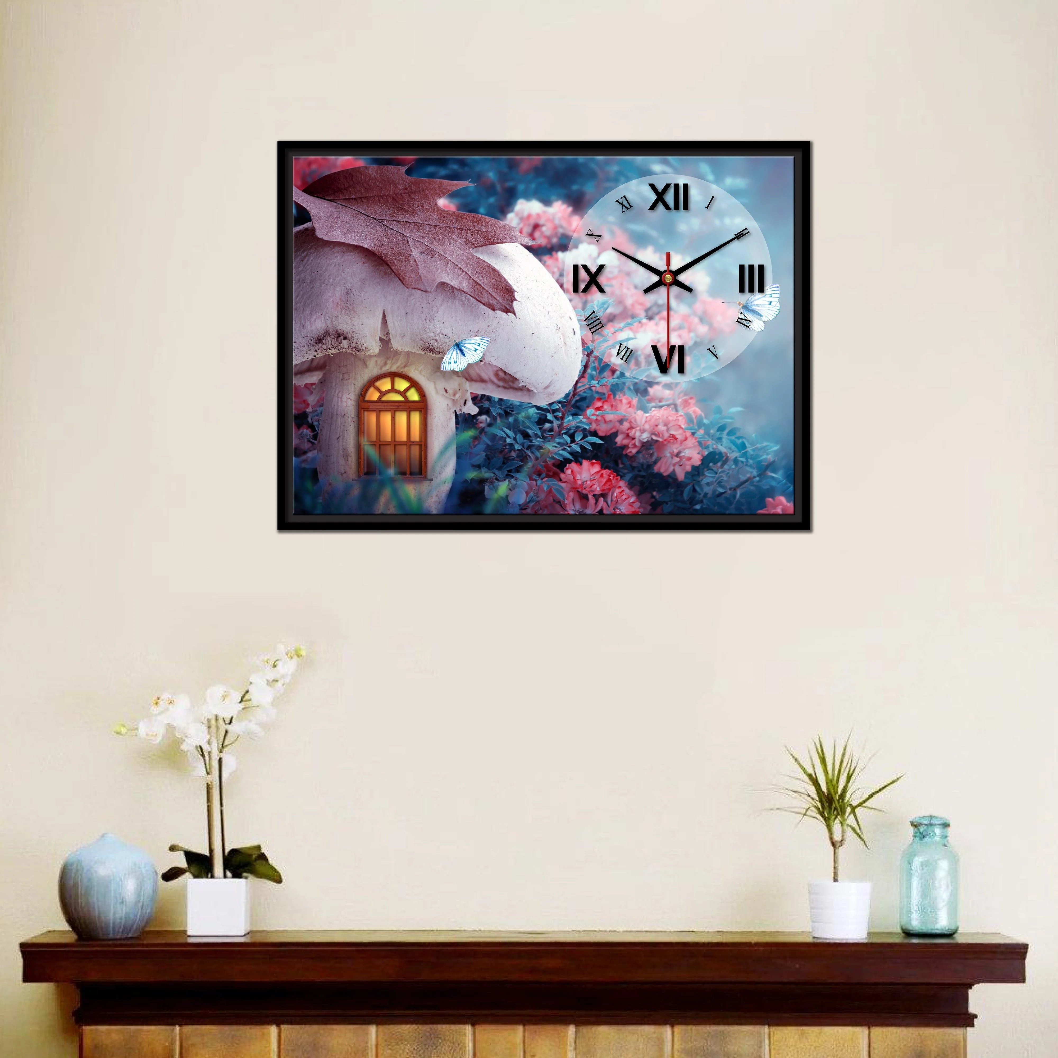 Floating Frame Mashroom House Wall Painting with Clock - Image 3