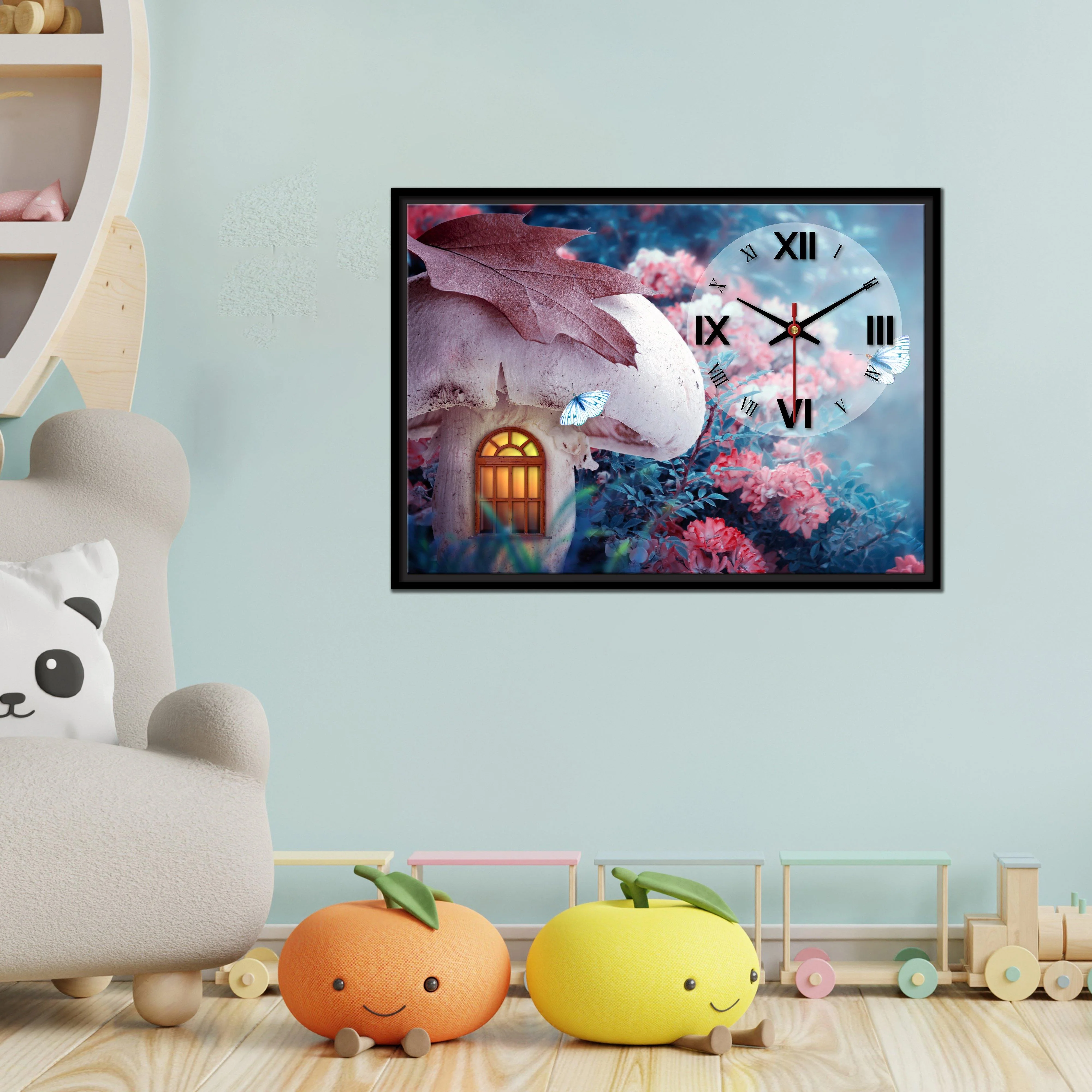 Floating Frame Mashroom House Wall Painting with Clock - Image 4
