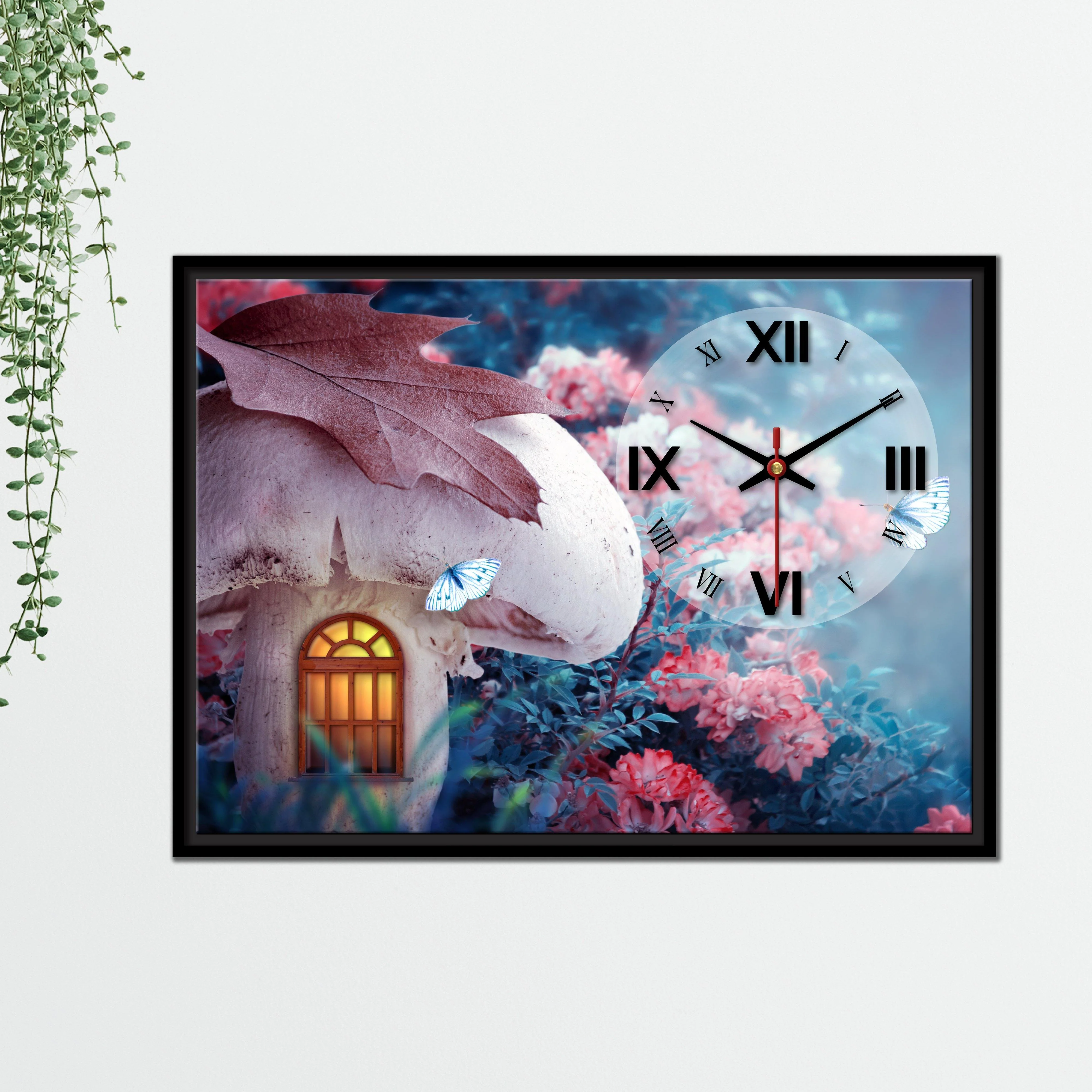 Floating Frame Mashroom House Wall Painting with Clock - Image 5