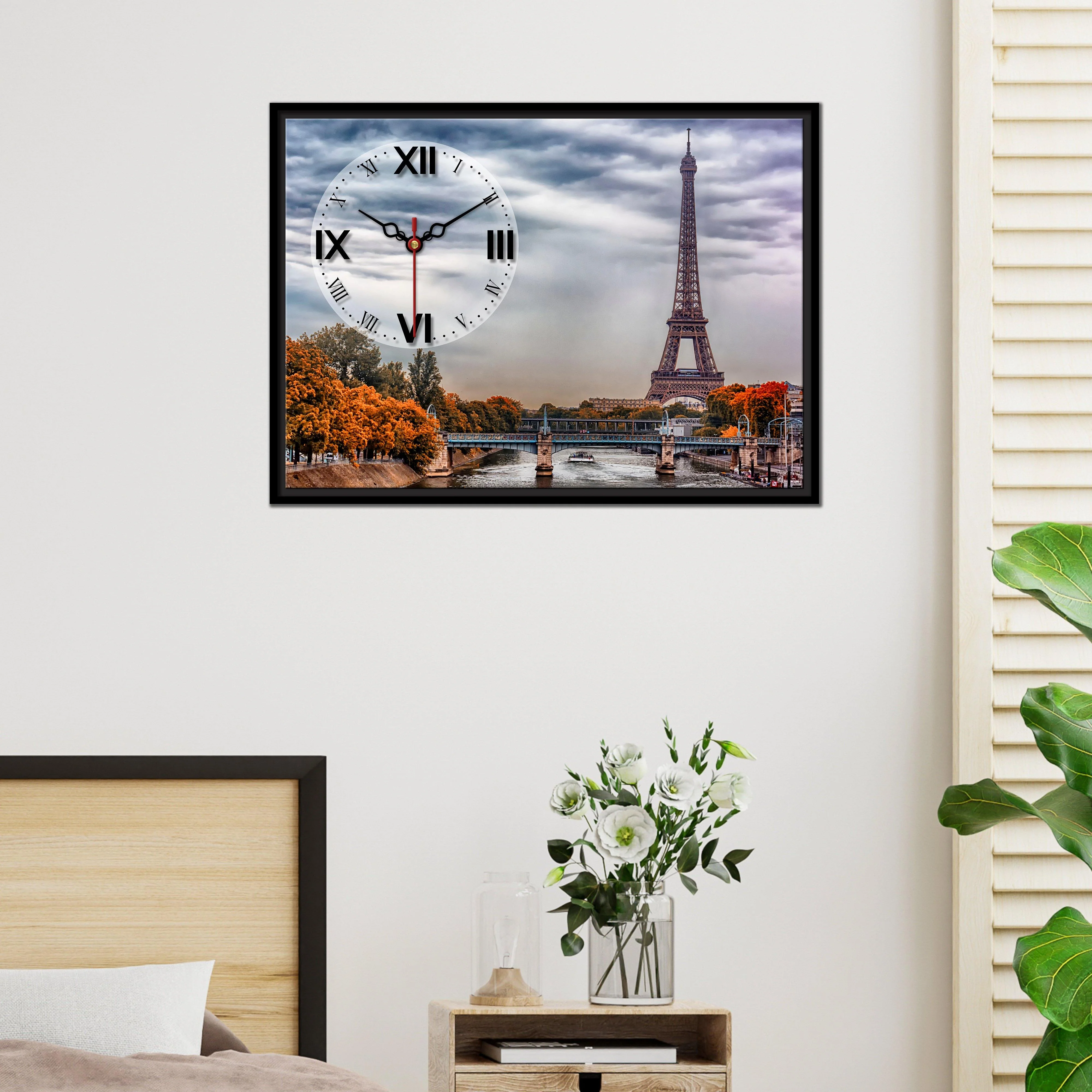 Floating Frame Paris Eiffel Tower Wall Painting with Clock - Image 2
