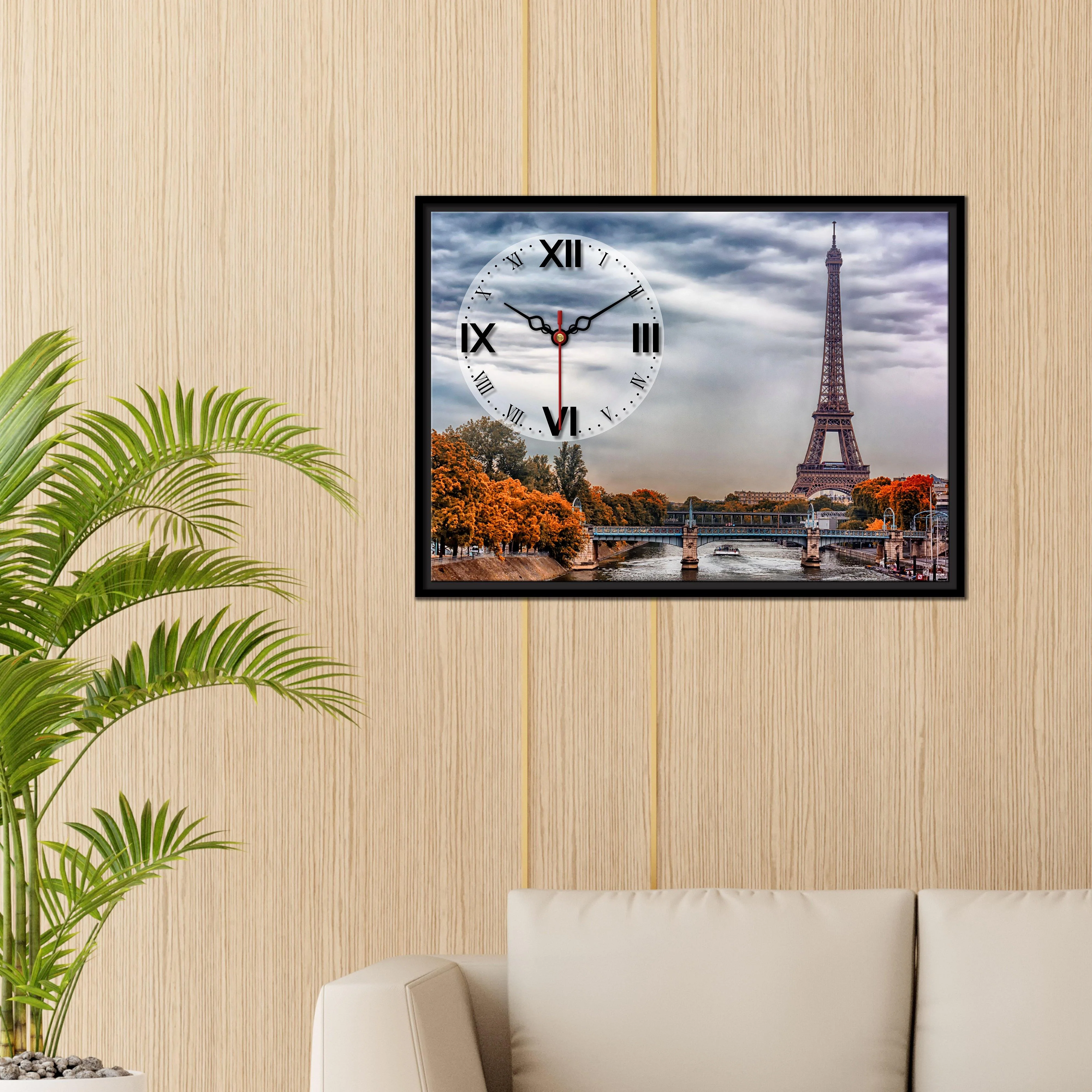 Floating Frame Paris Eiffel Tower Wall Painting with Clock - Image 3