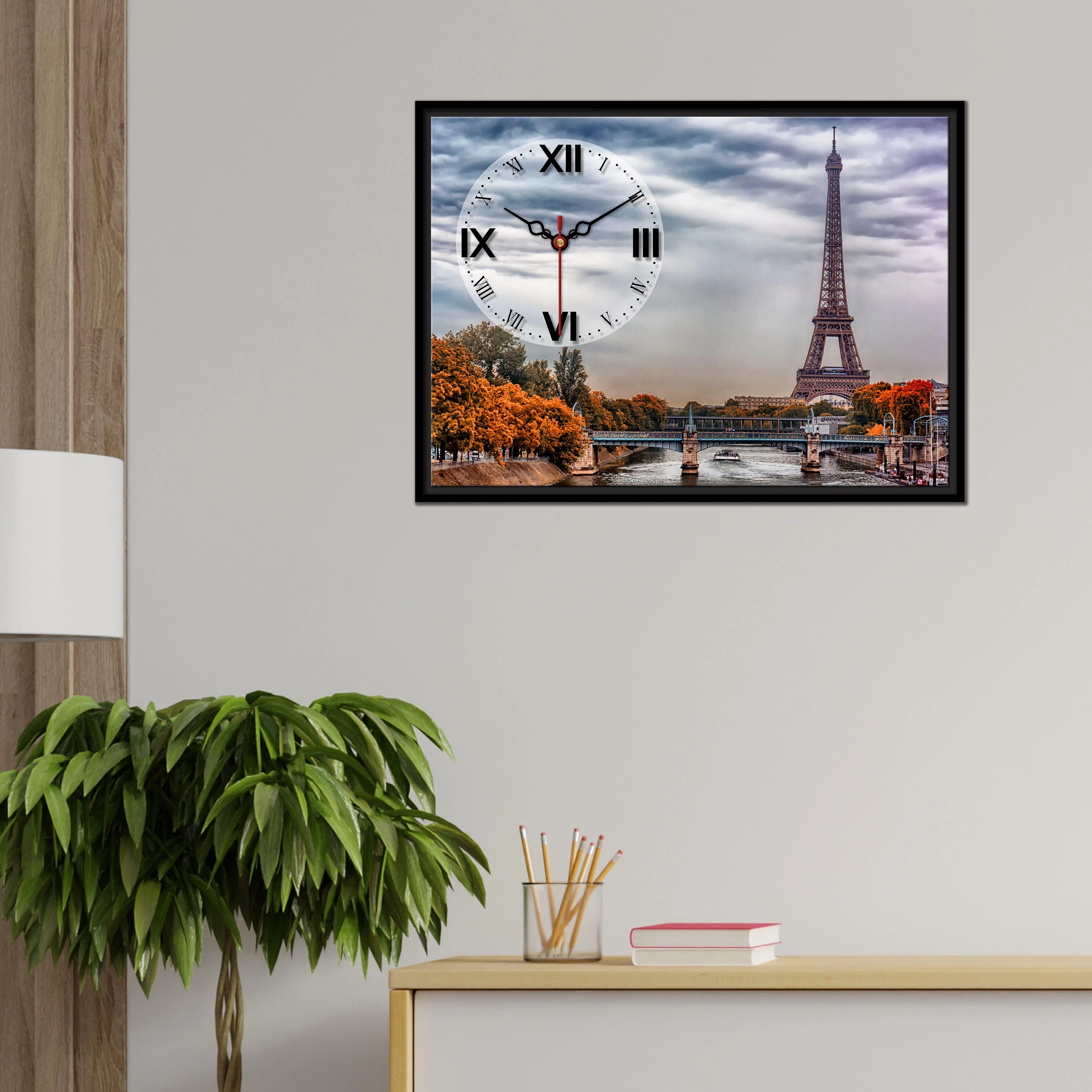 Floating Frame Paris Eiffel Tower Wall Painting with Clock - Image 4