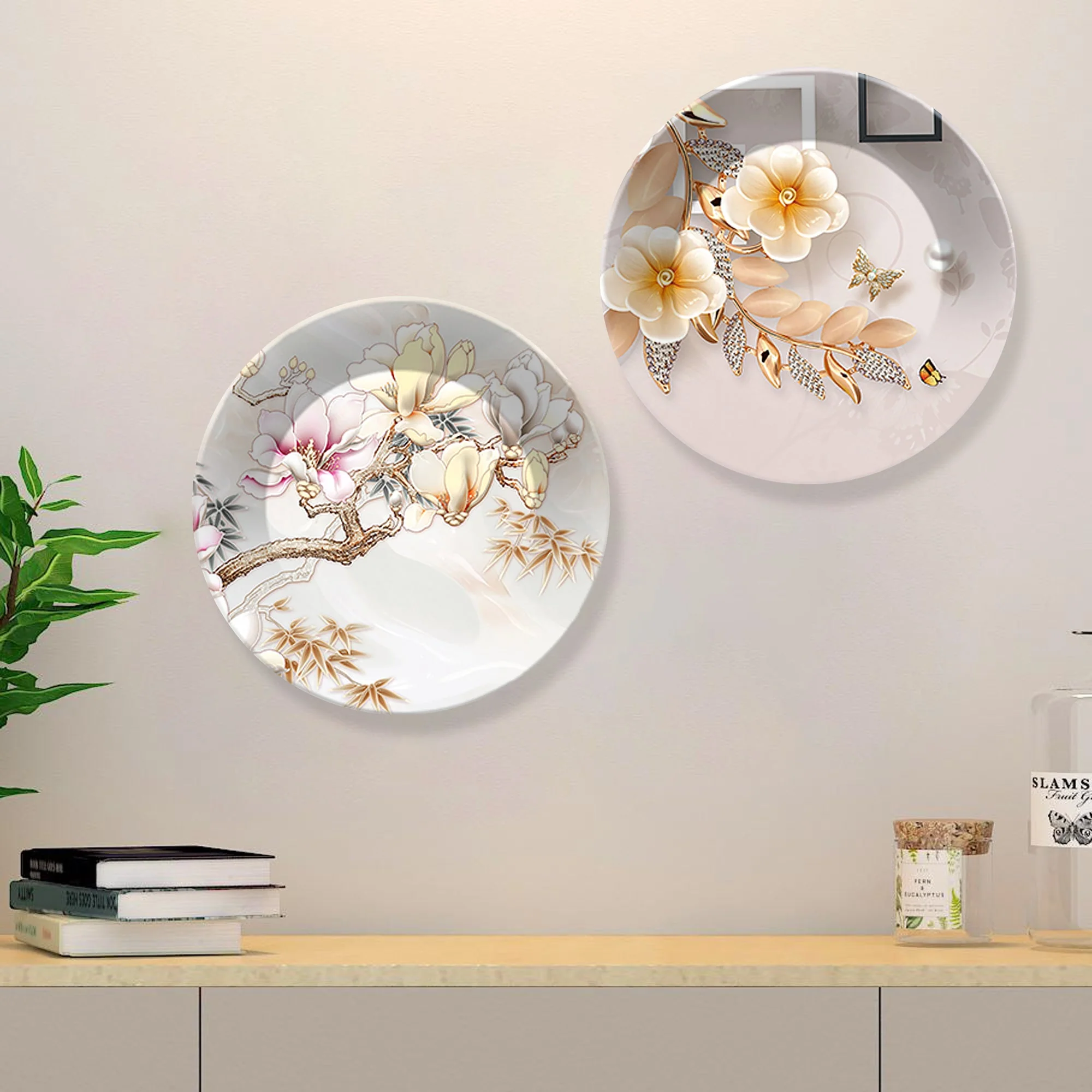Floral Art Ceramic Wall Hanging Plates of Two Pieces - Image 4