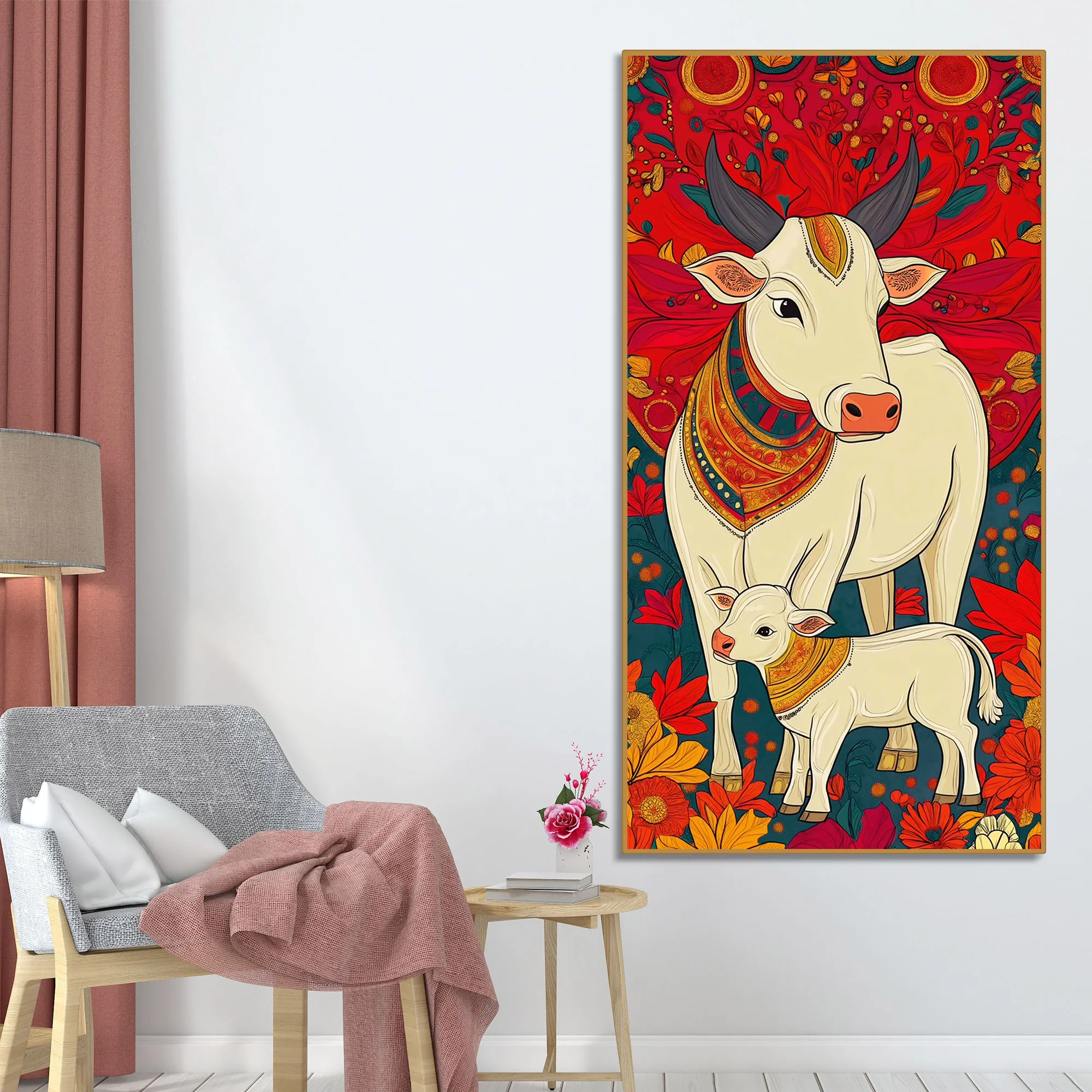 Floral Cow & Calf Canvas Wall Painting | Sacred Indian Décor - Image 2