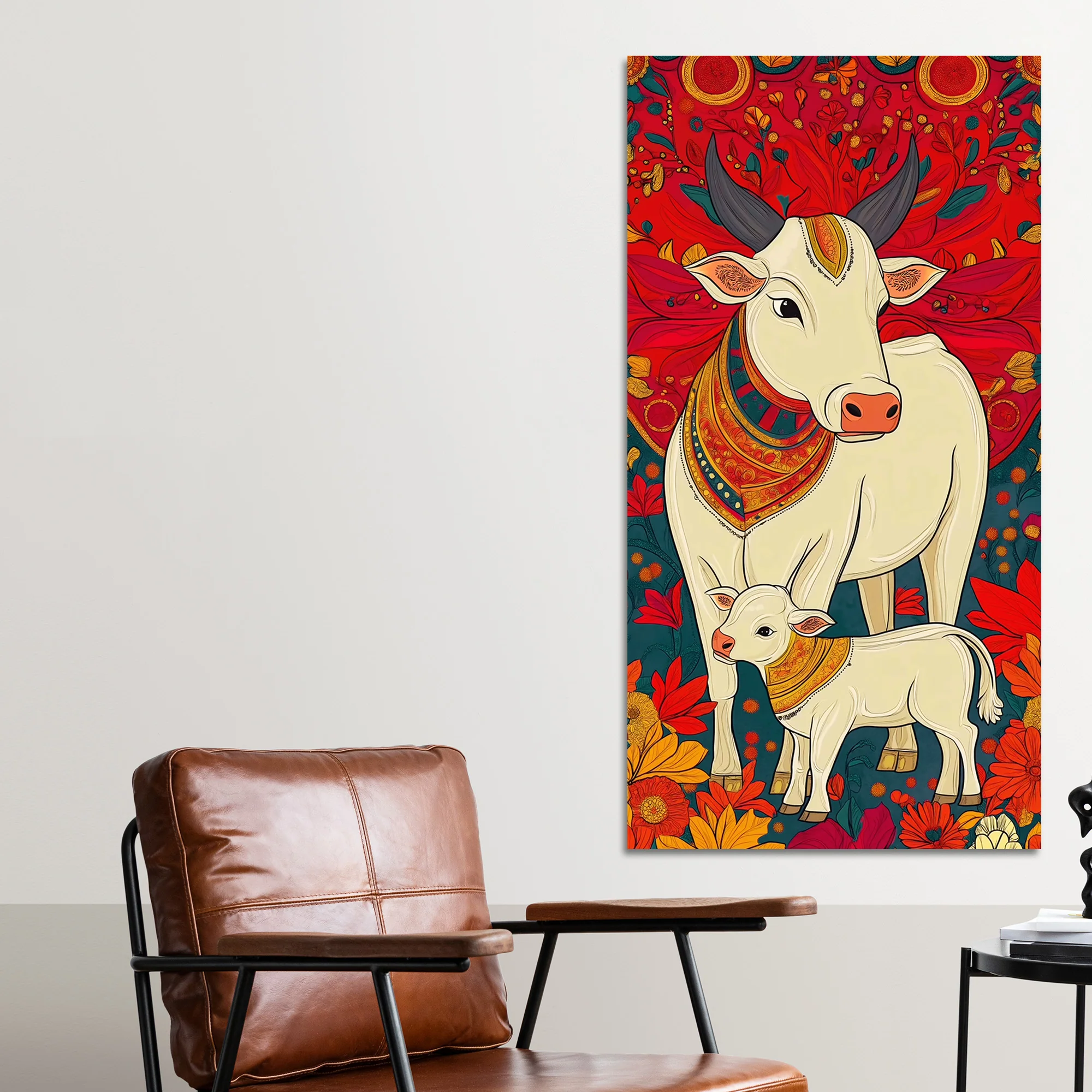 Floral Cow & Calf Canvas Wall Painting | Sacred Indian Décor - Image 3