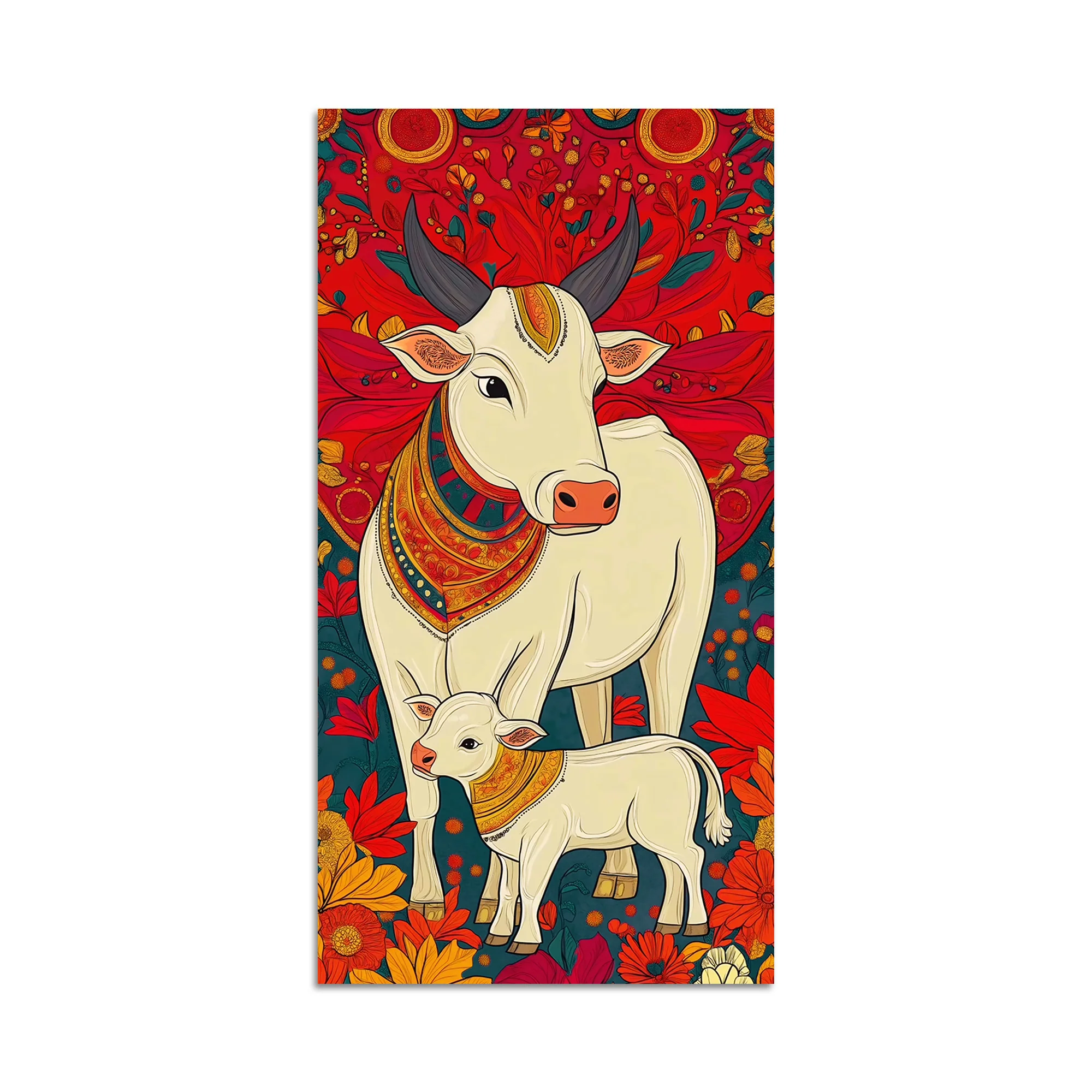Floral Cow & Calf Canvas Wall Painting | Sacred Indian Décor - Image 4