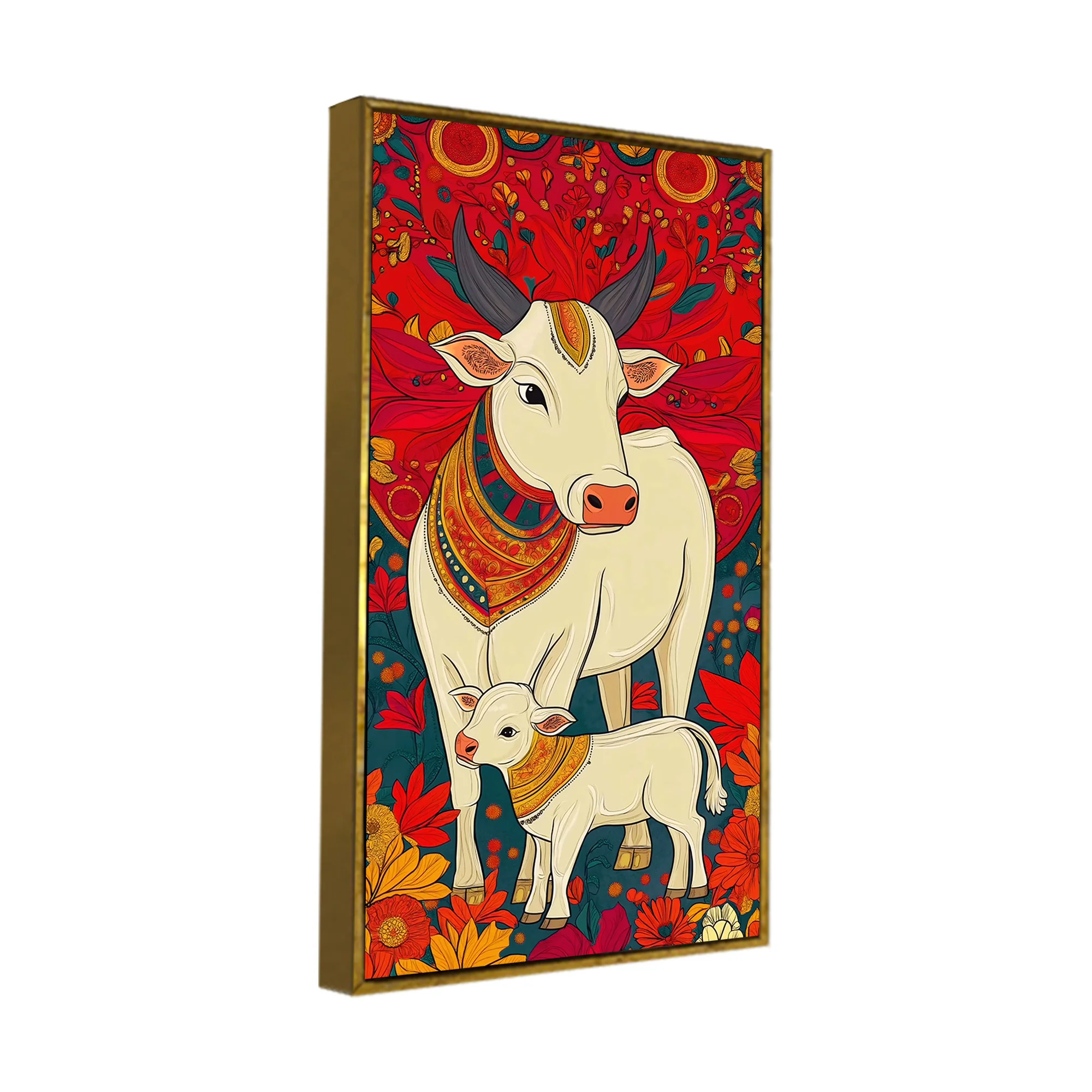 Floral Cow & Calf Canvas Wall Painting | Sacred Indian Décor - Image 6