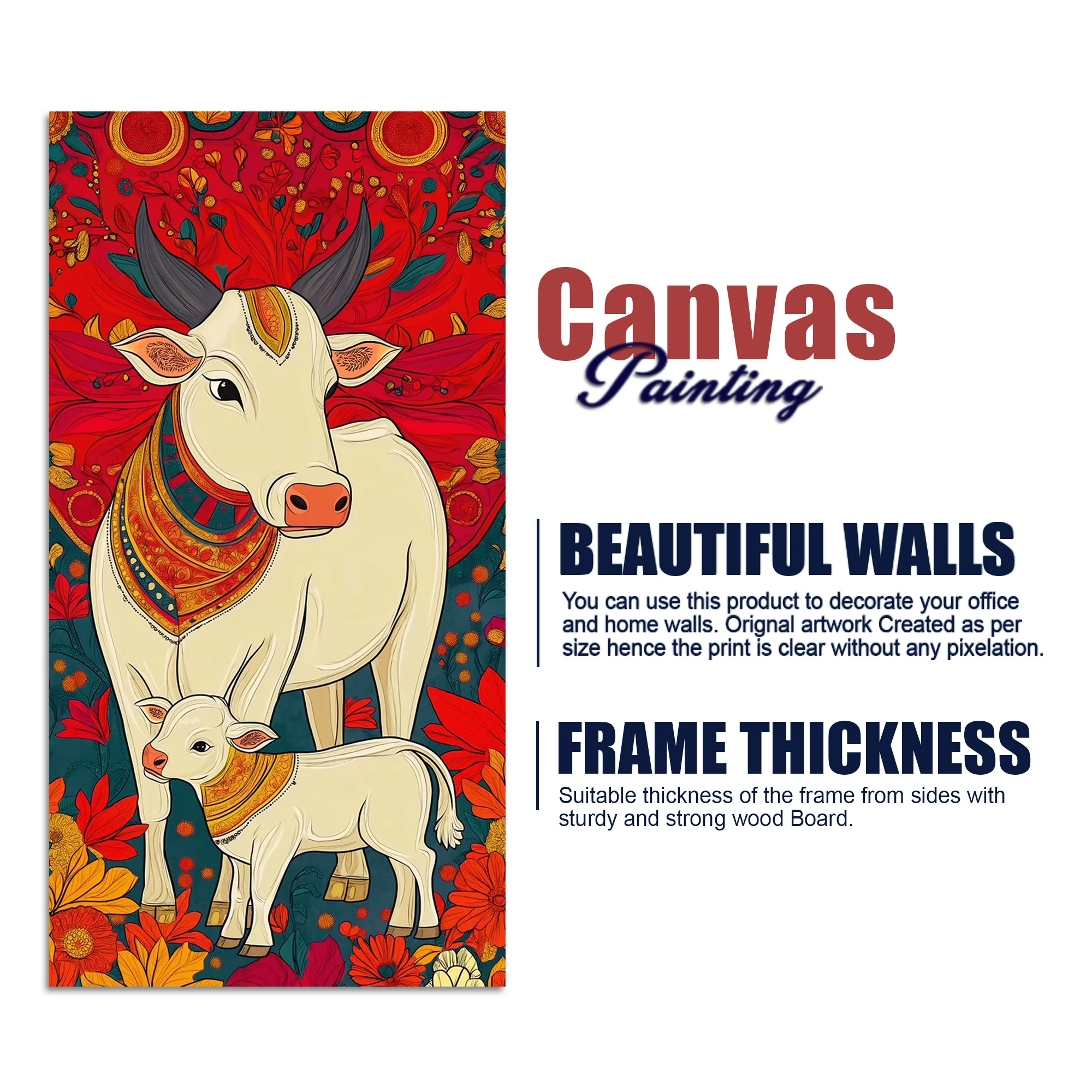 Floral Cow & Calf Canvas Wall Painting | Sacred Indian Décor - Image 7