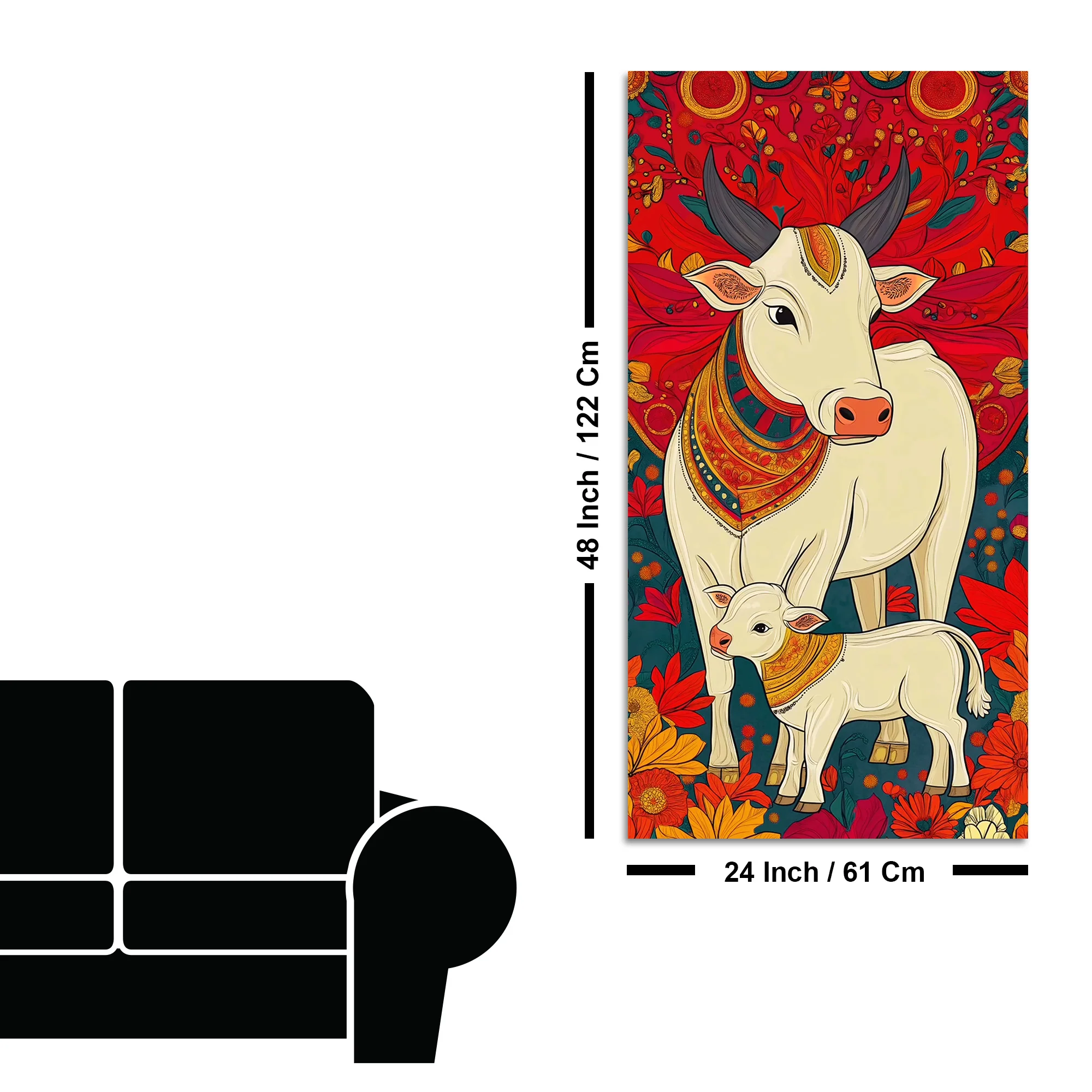 Floral Cow & Calf Canvas Wall Painting | Sacred Indian Décor - Image 8