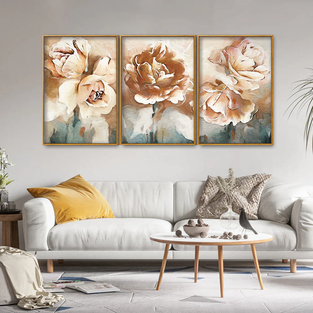 Floral Flower White Rose Floating Canvas Wall Painting Set of Three