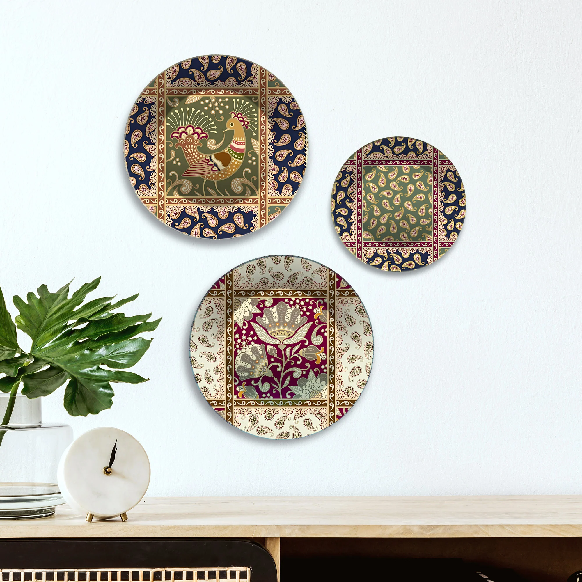 Floral & Folk Textile Motifs Premium Wall Plates Painting Set of 3 - Image 2