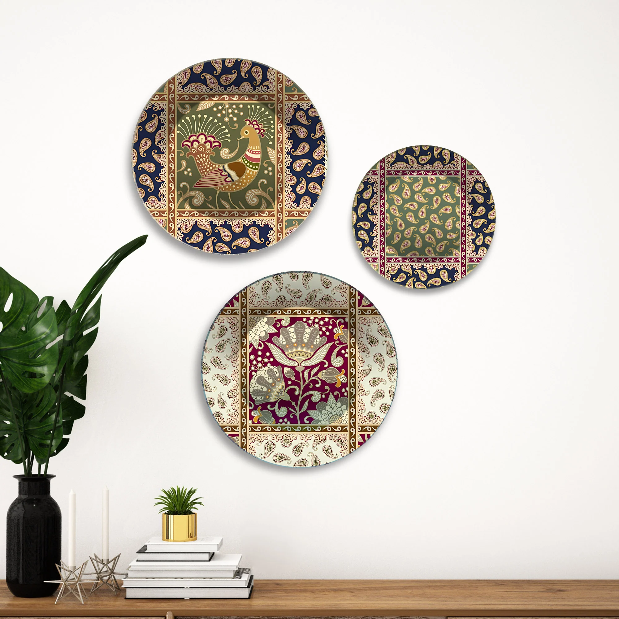 Floral & Folk Textile Motifs Premium Wall Plates Painting Set of 3 - Image 3