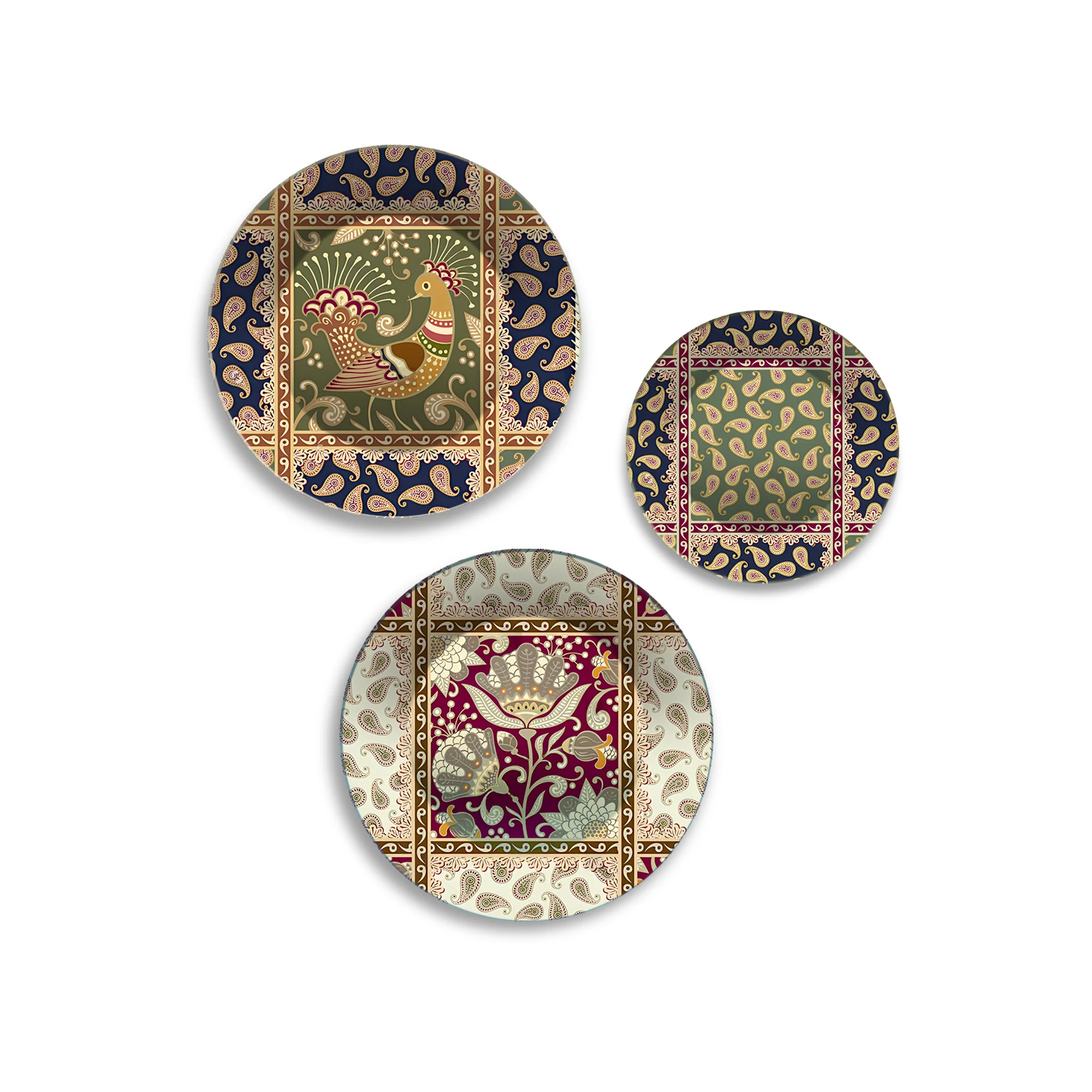 Floral & Folk Textile Motifs Premium Wall Plates Painting Set of 3 - Image 4
