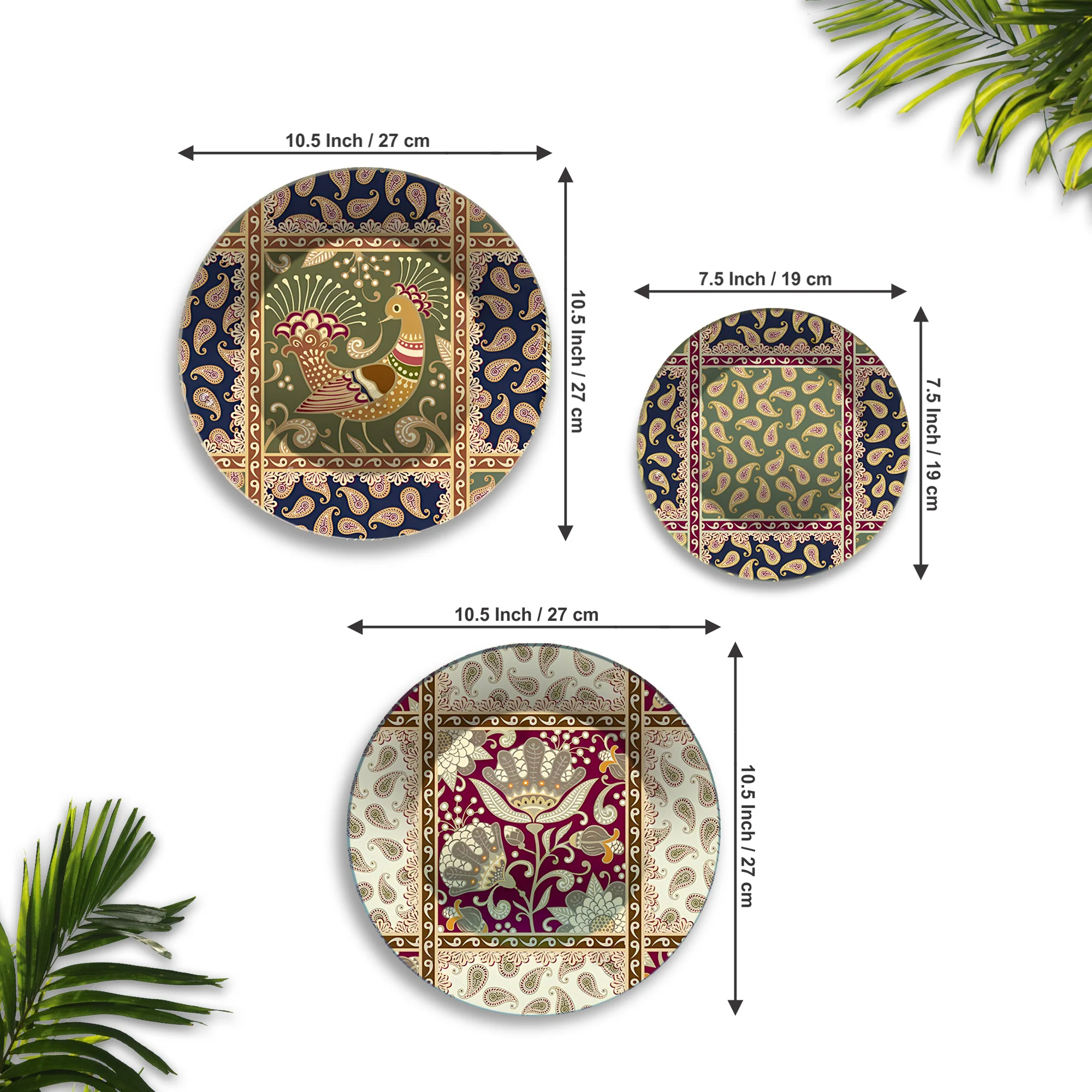 Floral & Folk Textile Motifs Premium Wall Plates Painting Set of 3 - Image 6