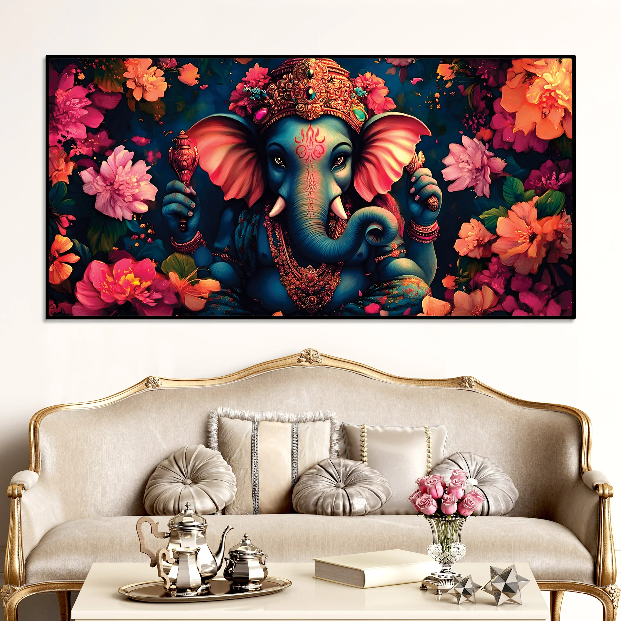 Floral Grace of Lord Ganpati Premium Canvas Wall Painting for Home & Office Decor