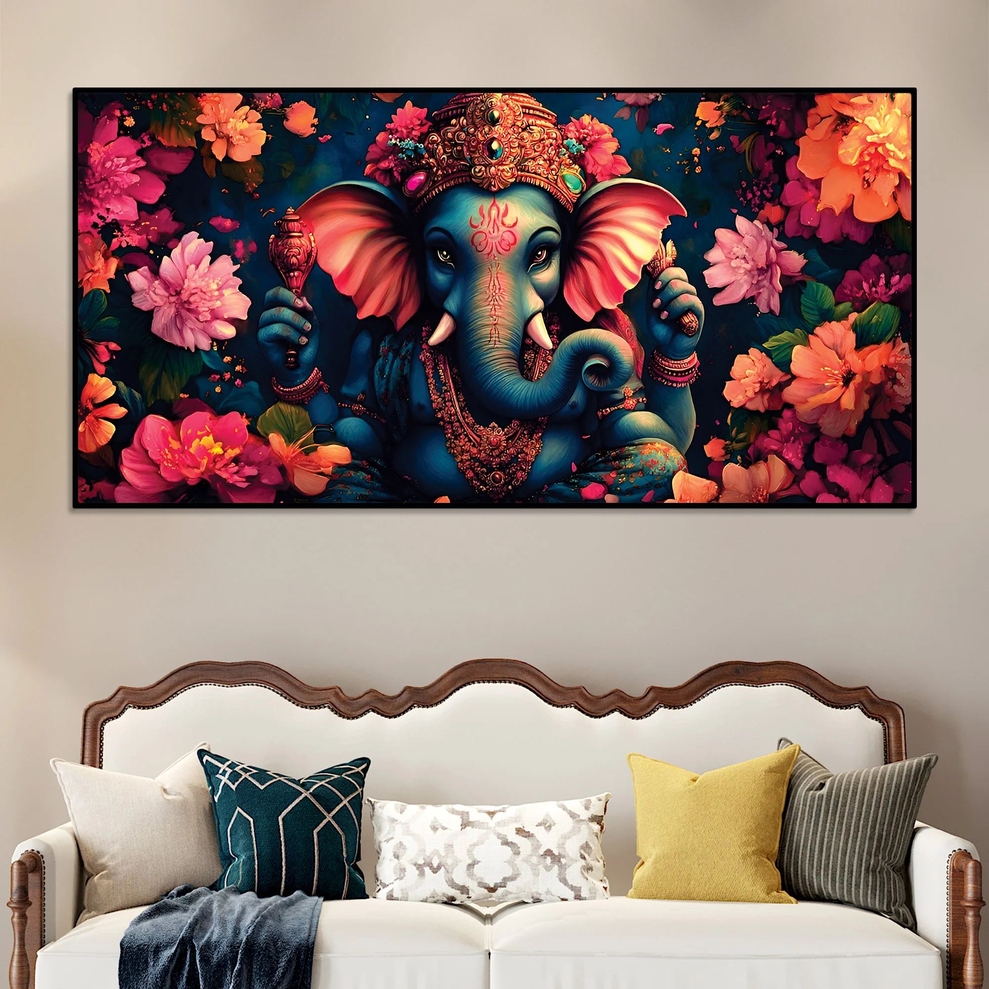 Floral Grace of Lord Ganpati Premium Canvas Wall Painting for Home & Office Decor - Image 3