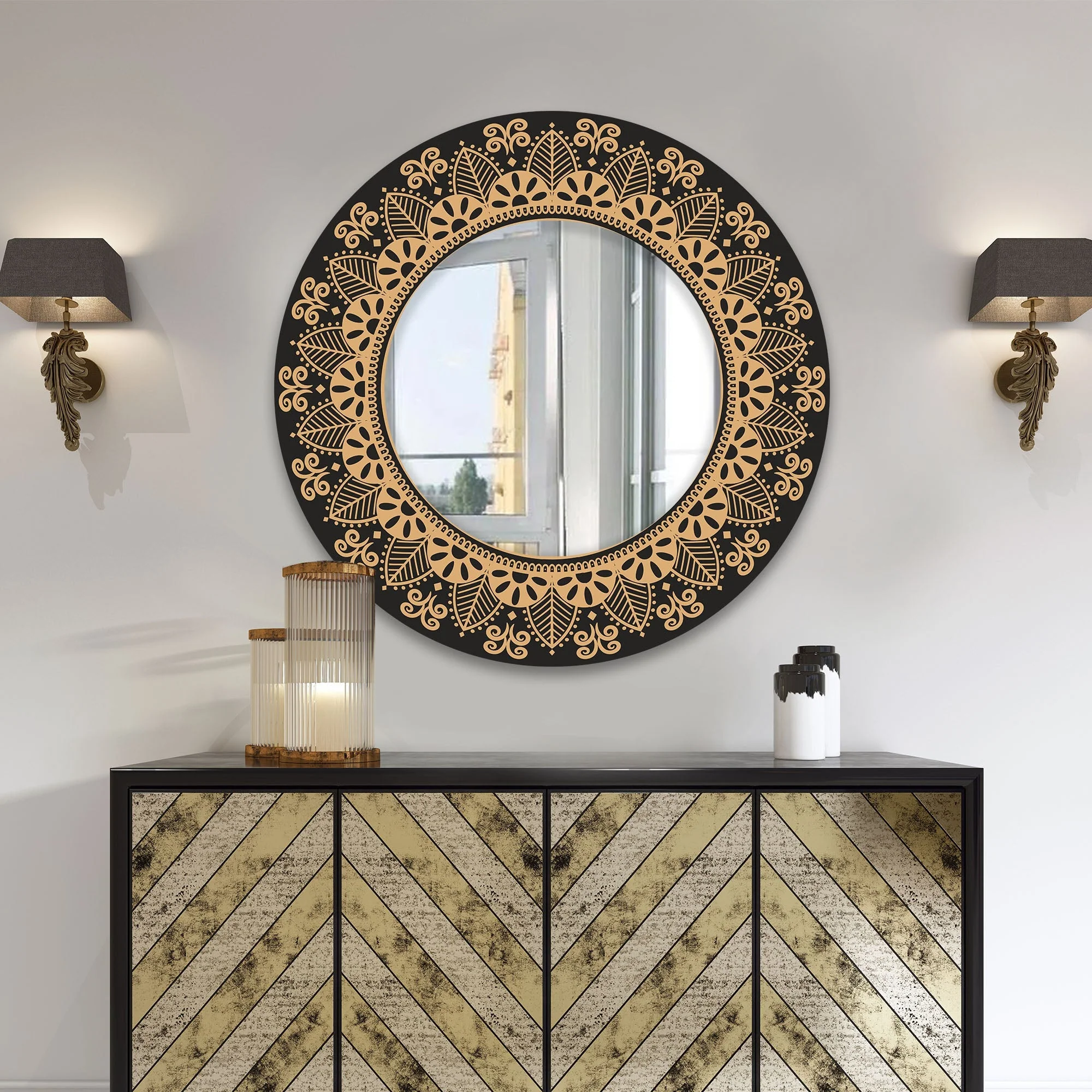 Floral Mandala Design Art Round Printed Acrylic Wall Mirror