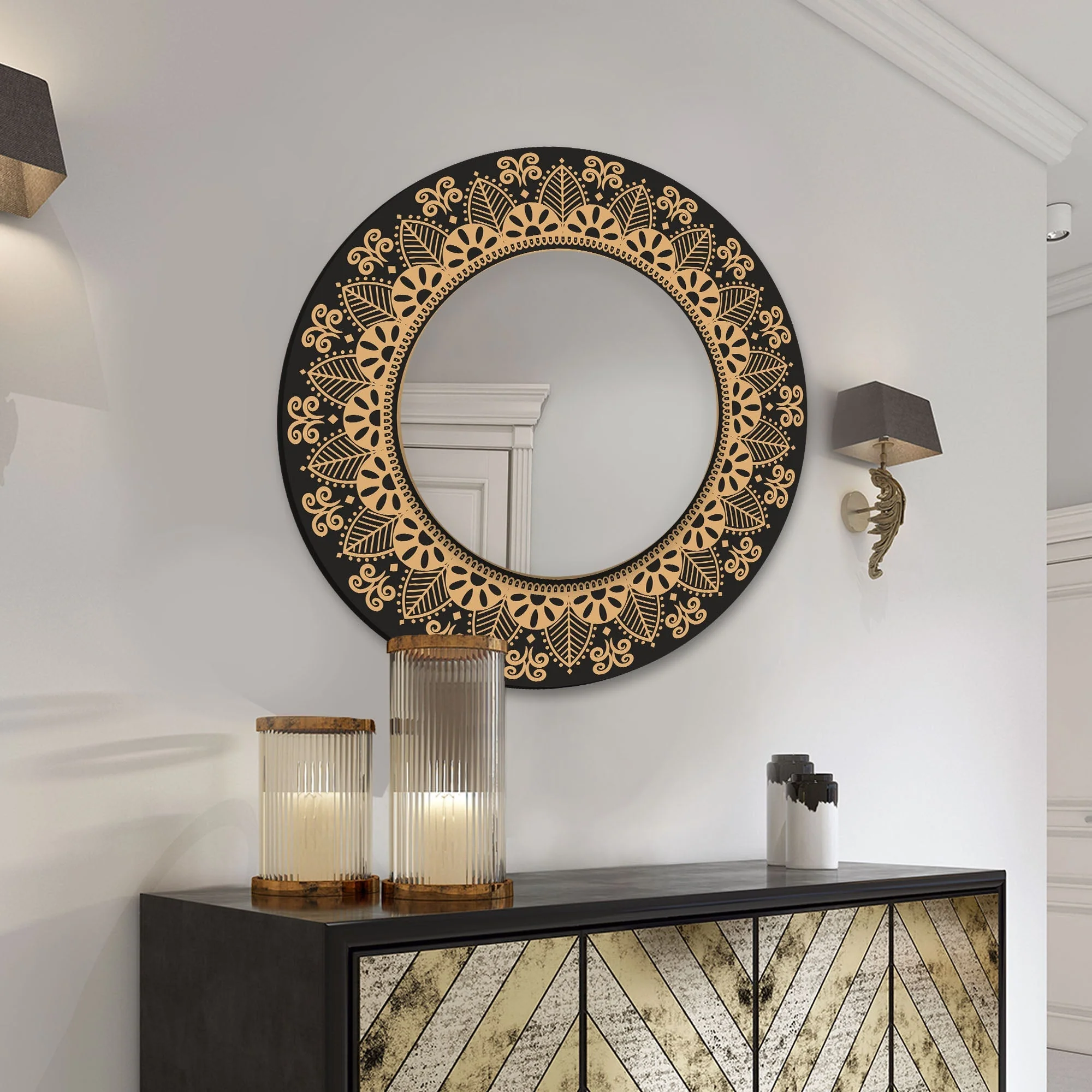 Floral Mandala Design Art Round Printed Acrylic Wall Mirror - Image 2