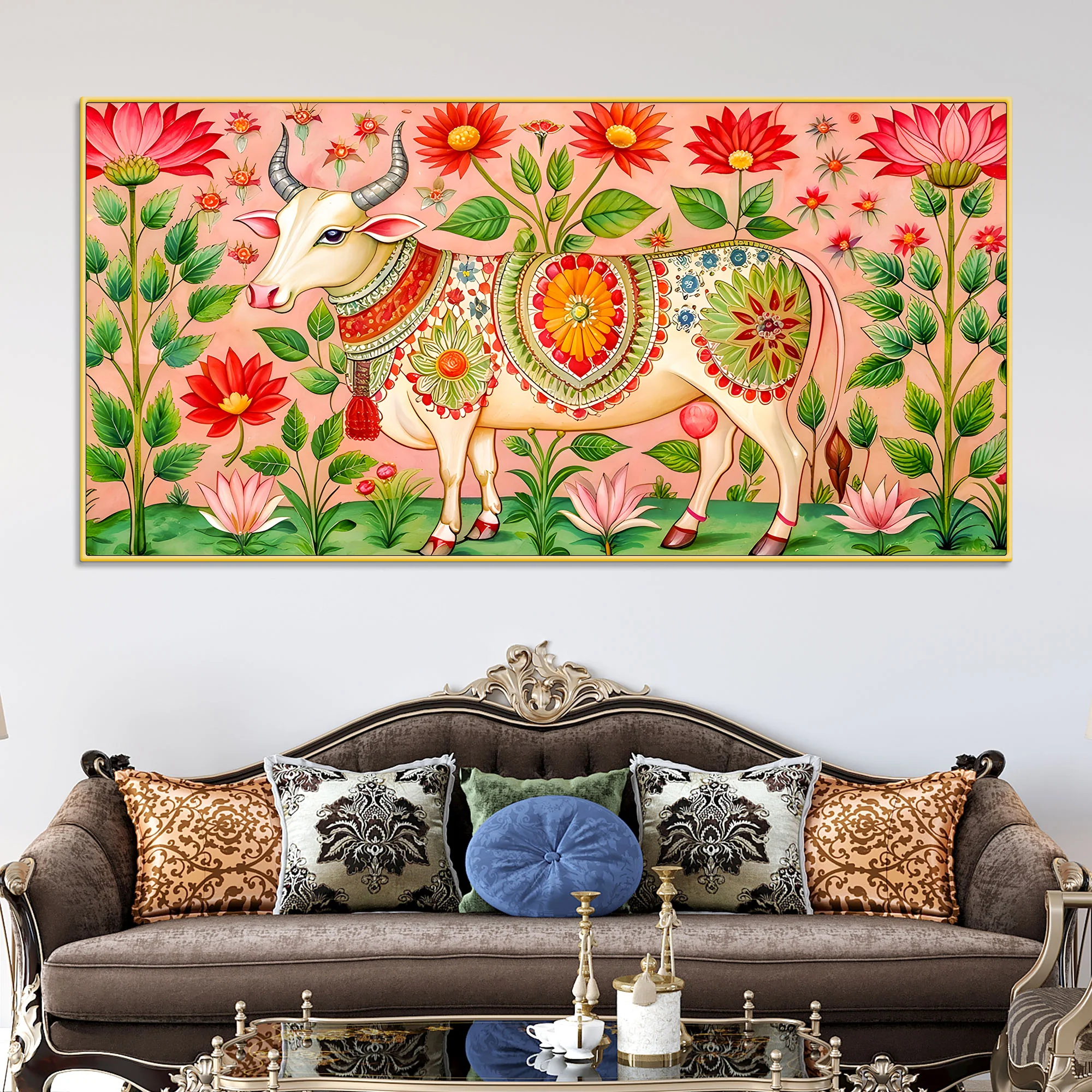Floral Pichwai Cow Canvas Wall Painting | Indian Traditional Wall Painting