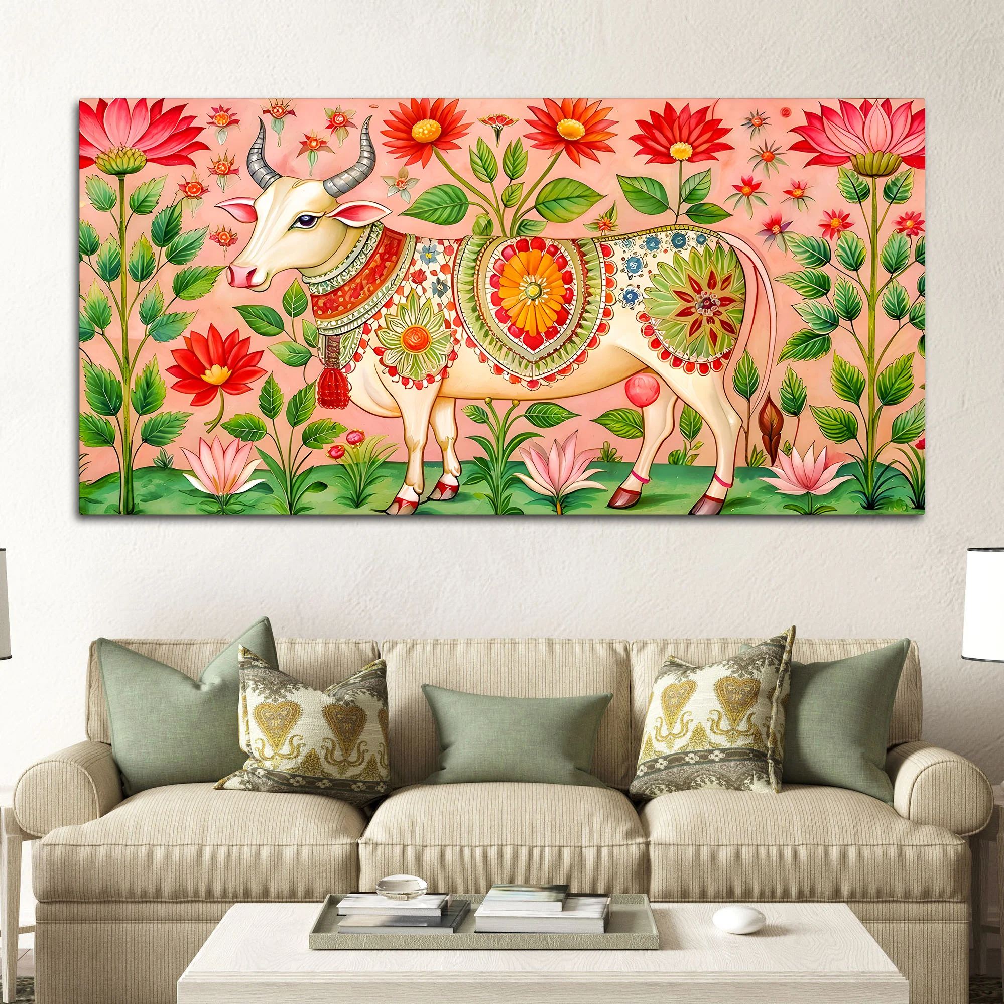 Floral Pichwai Cow Canvas Wall Painting | Indian Traditional Wall Painting - Image 3