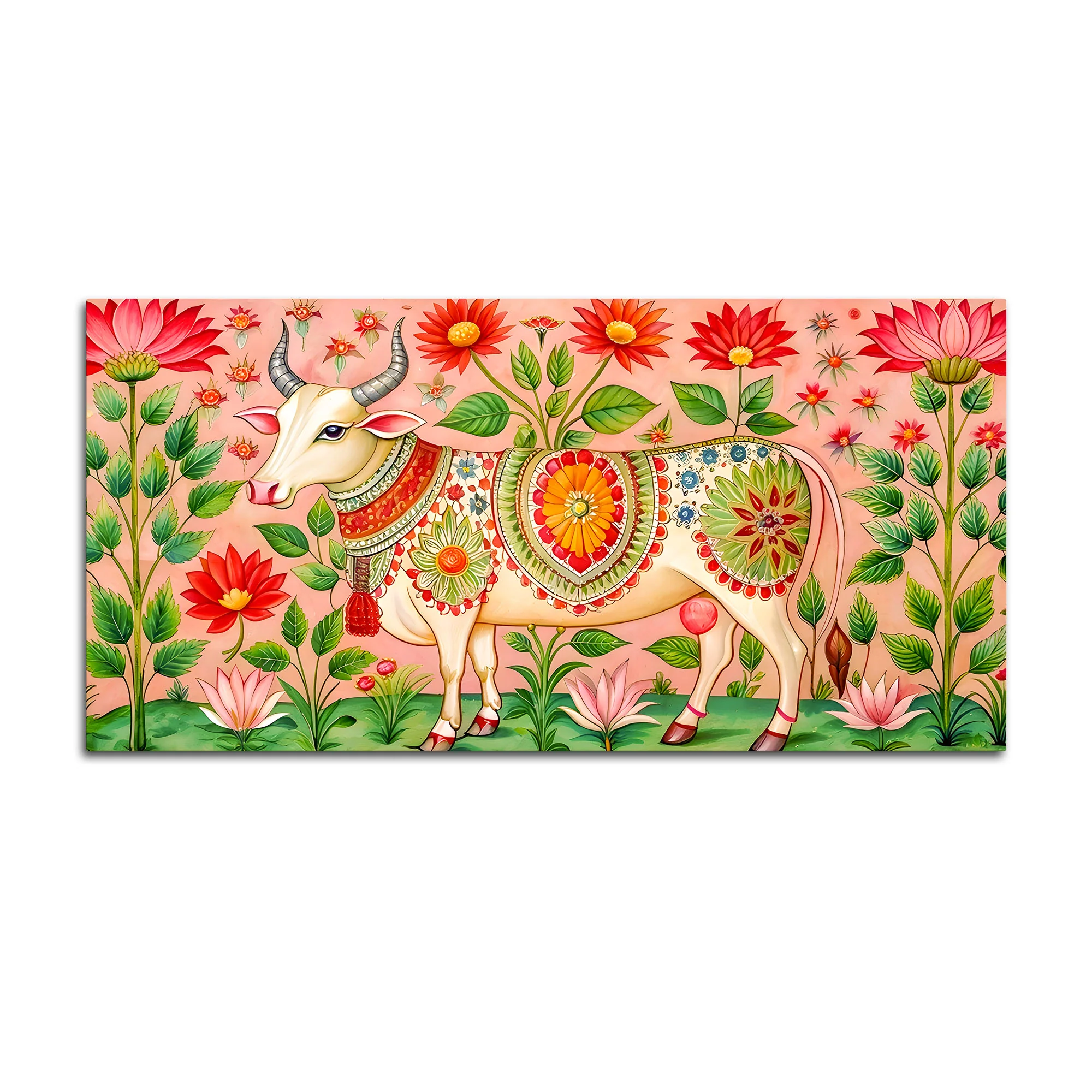 Floral Pichwai Cow Canvas Wall Painting | Indian Traditional Wall Painting - Image 4