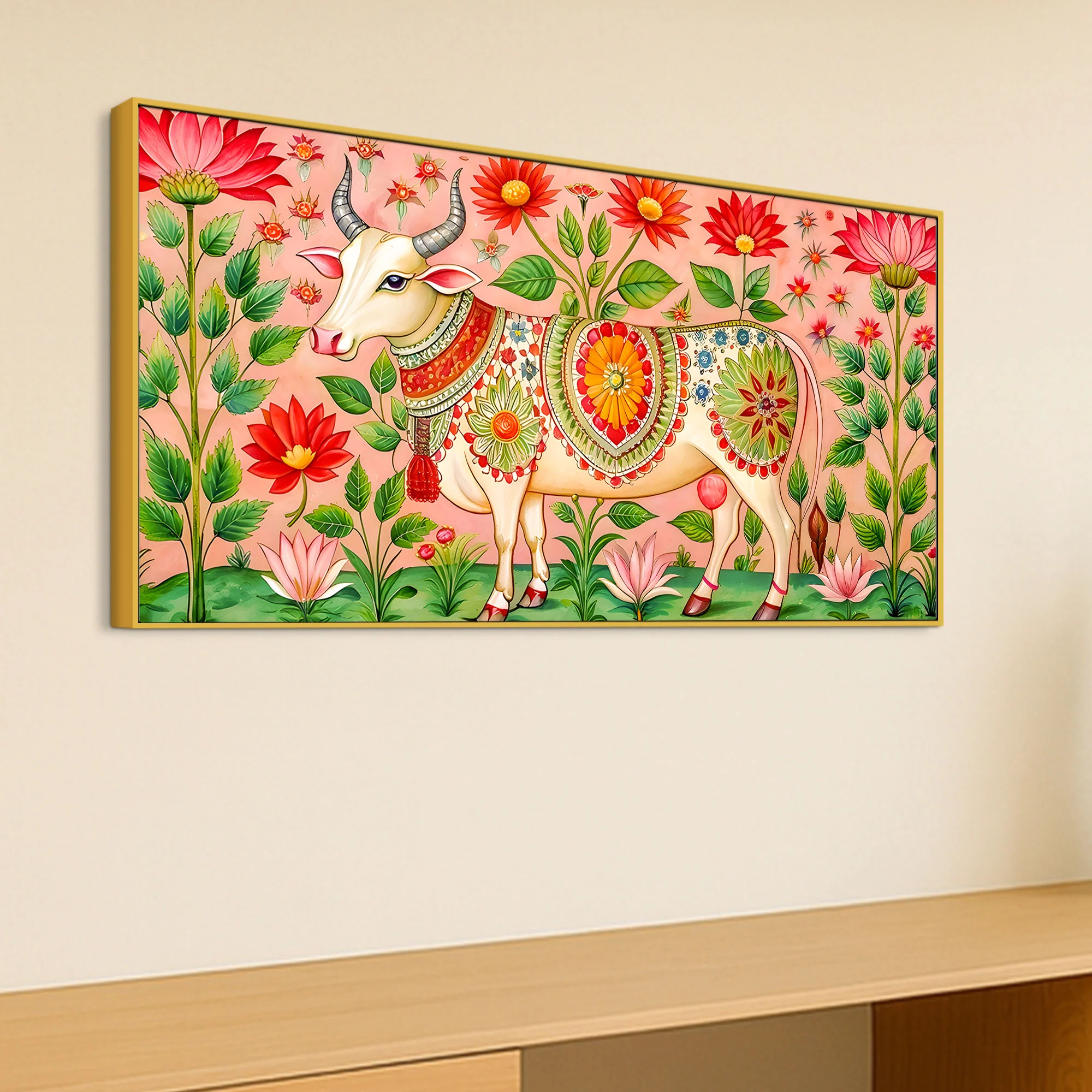 Floral Pichwai Cow Canvas Wall Painting | Indian Traditional Wall Painting - Image 5
