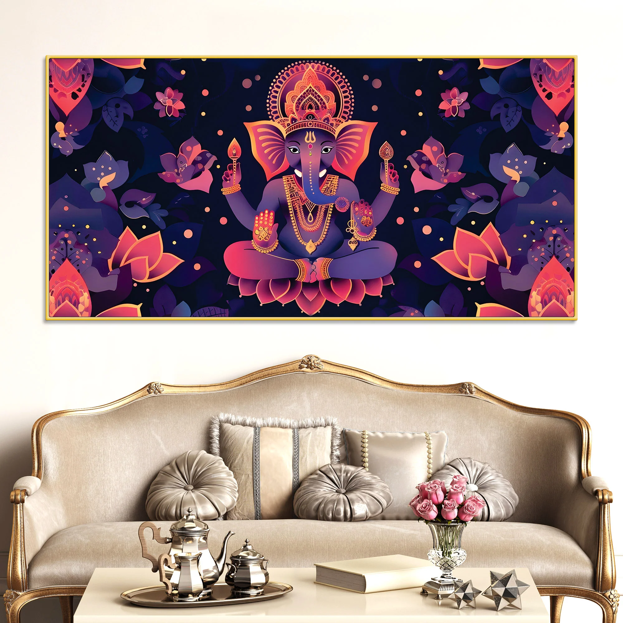 Floral Purple Pink Themed Lord Shri Ganesha Canvas Wall Painting for Home & Office – Elegant Spiritual Home Decor