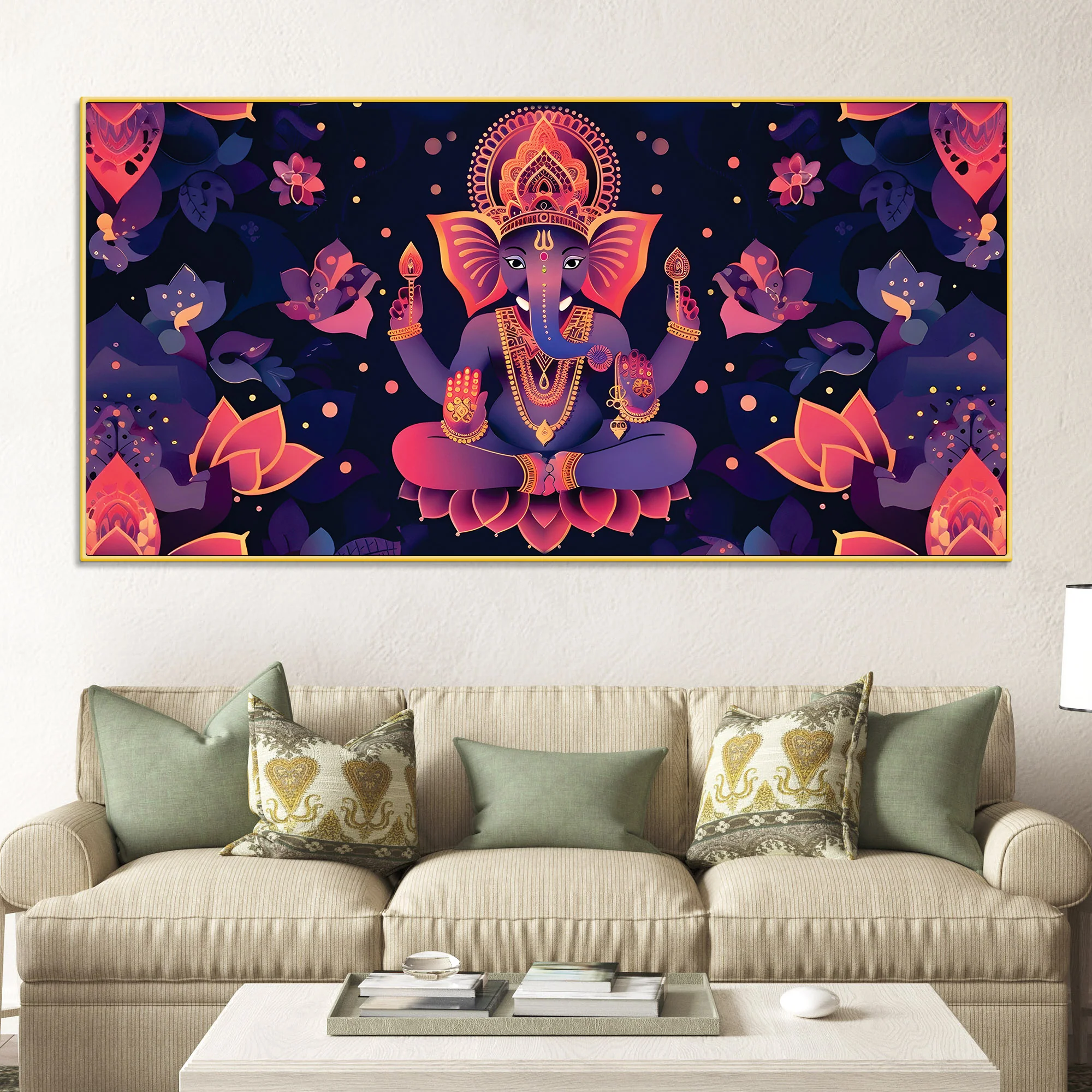 Floral Purple Pink Themed Lord Shri Ganesha Canvas Wall Painting for Home & Office – Elegant Spiritual Home Decor - Image 2