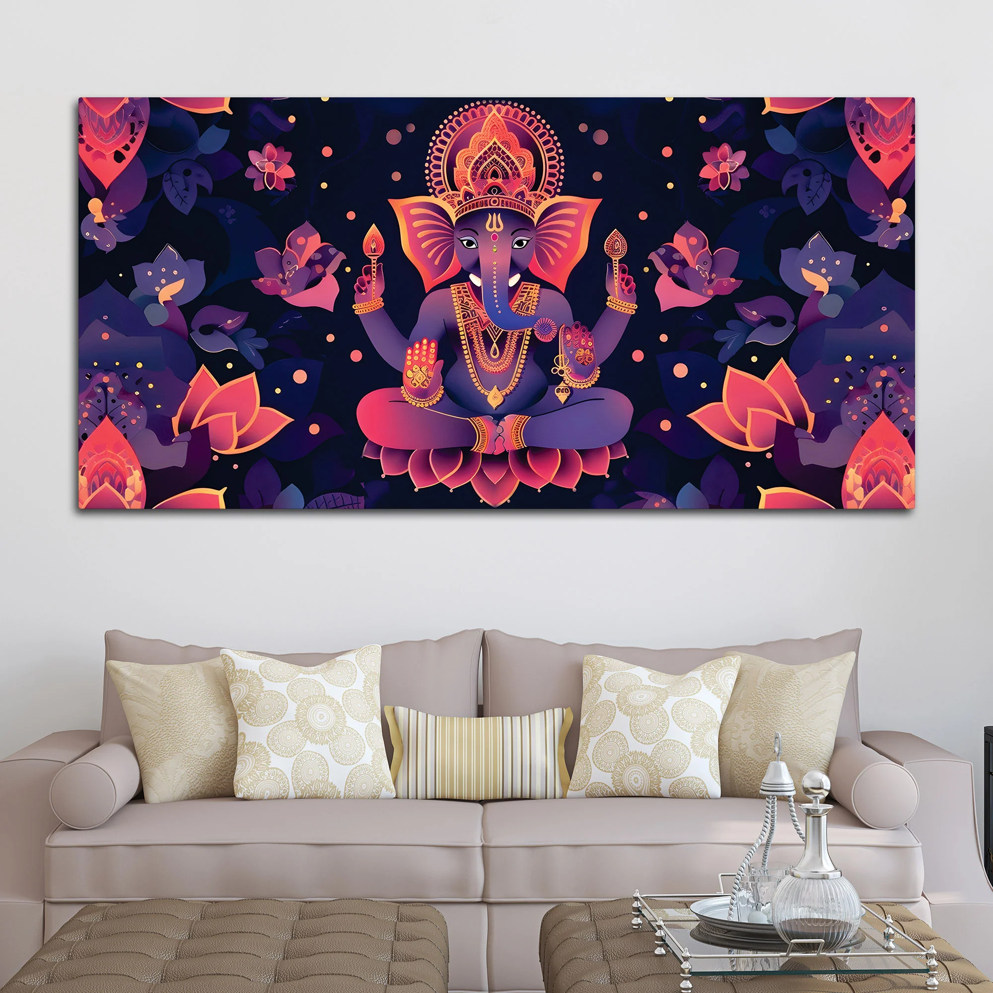 Floral Purple Pink Themed Lord Shri Ganesha Canvas Wall Painting for Home & Office – Elegant Spiritual Home Decor - Image 3