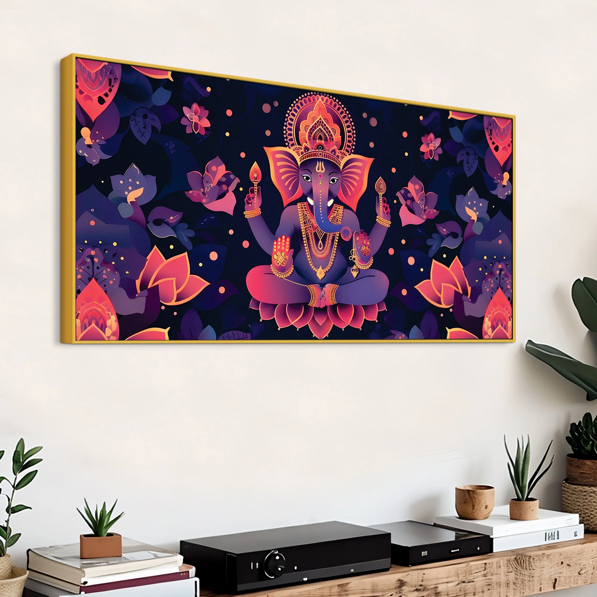 Floral Purple Pink Themed Lord Shri Ganesha Canvas Wall Painting for Home & Office – Elegant Spiritual Home Decor - Image 5