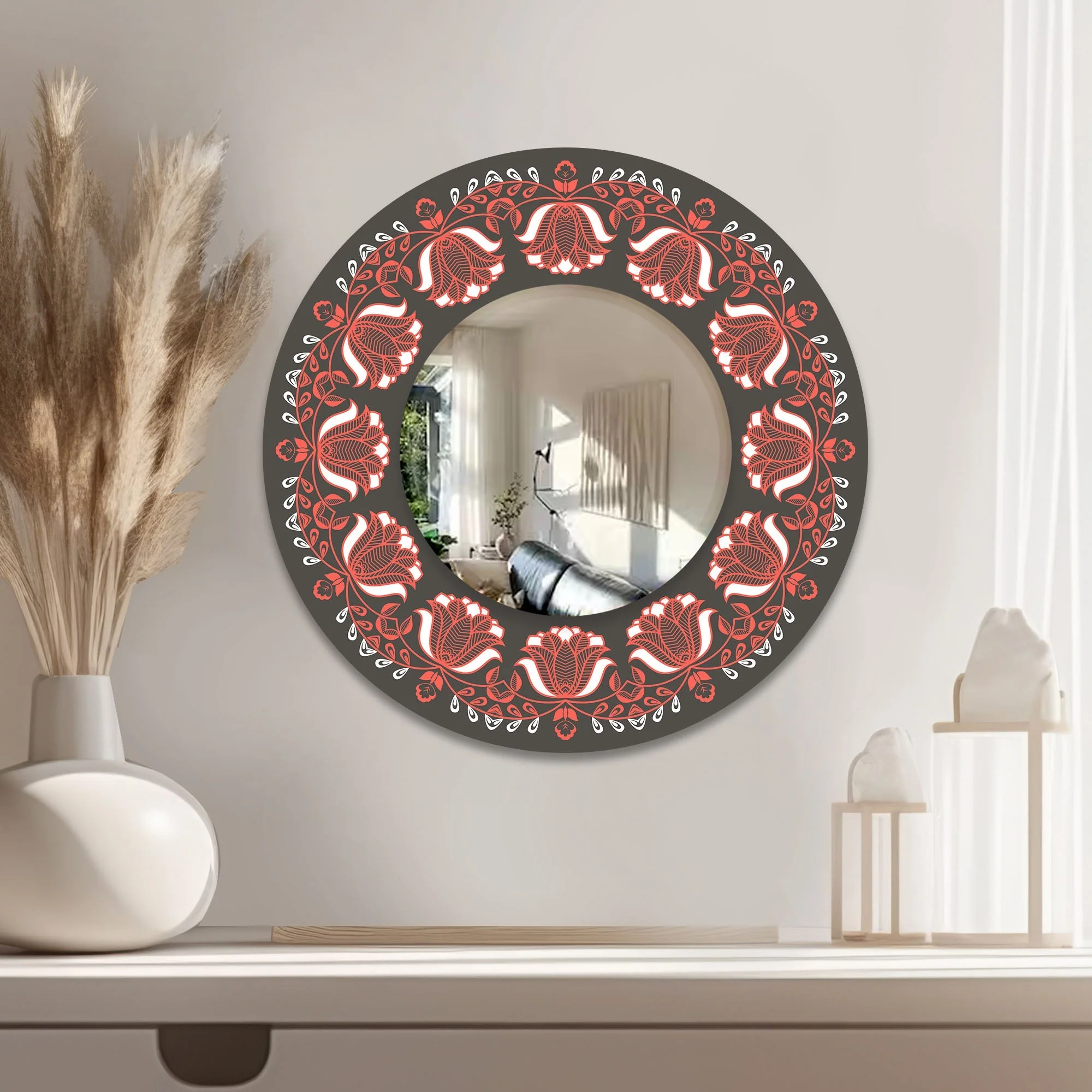 Floral Red Flower Designer Art Printed Acrylic Wall Mirror