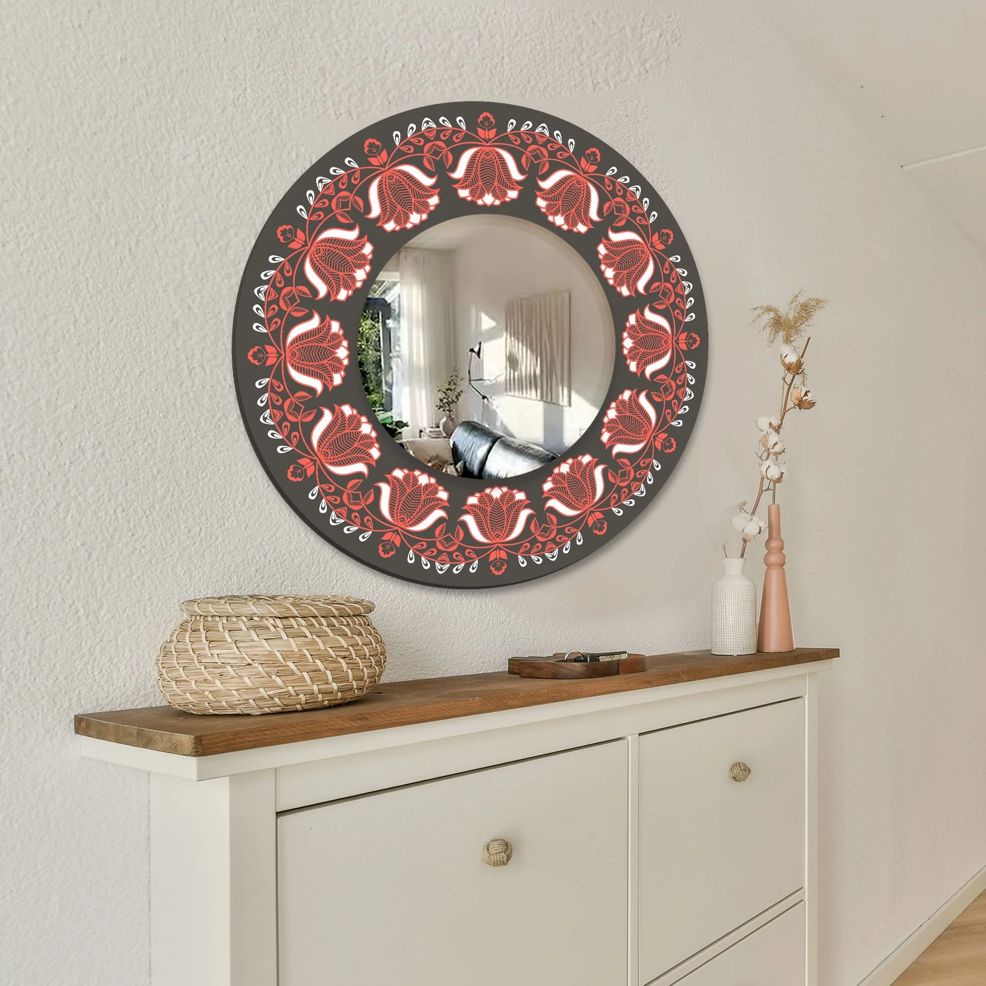 Floral Red Flower Designer Art Printed Acrylic Wall Mirror - Image 2