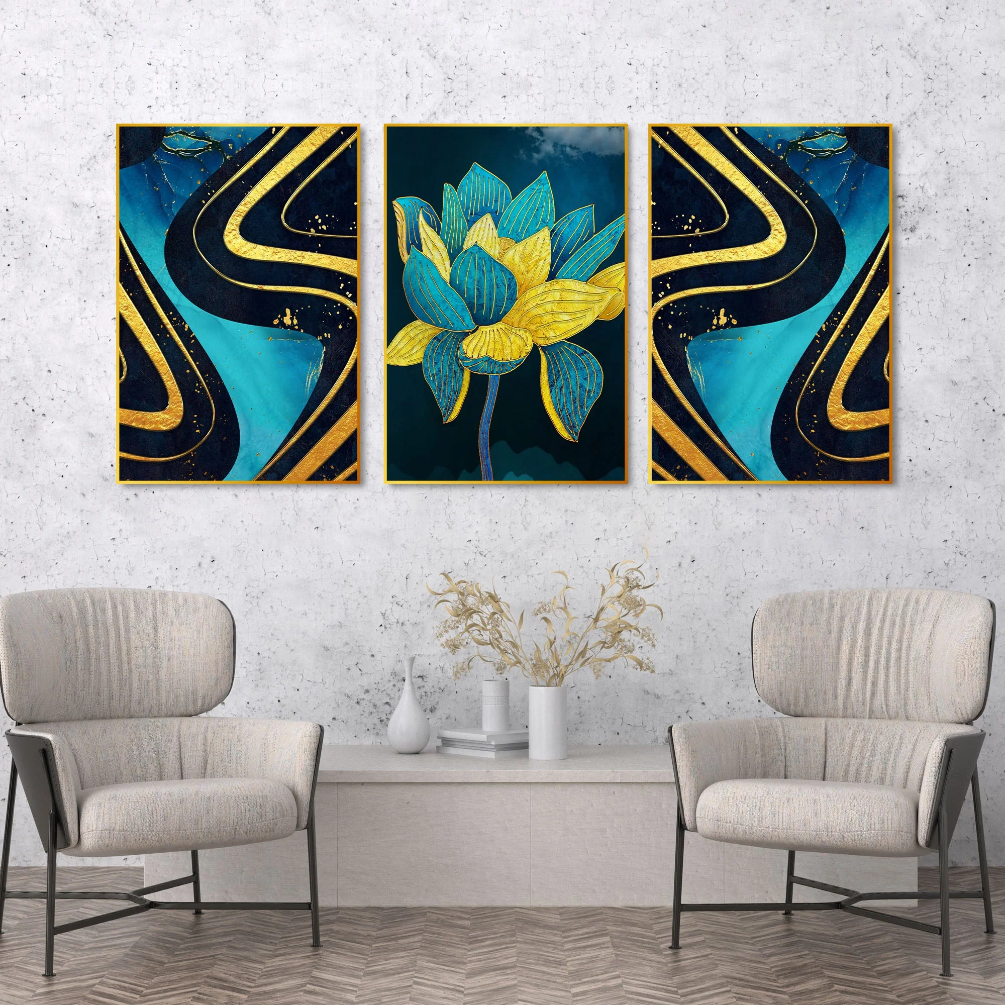 Flower Abstract Shapes Floating Canvas Wall Painting Set of Three - Image 3