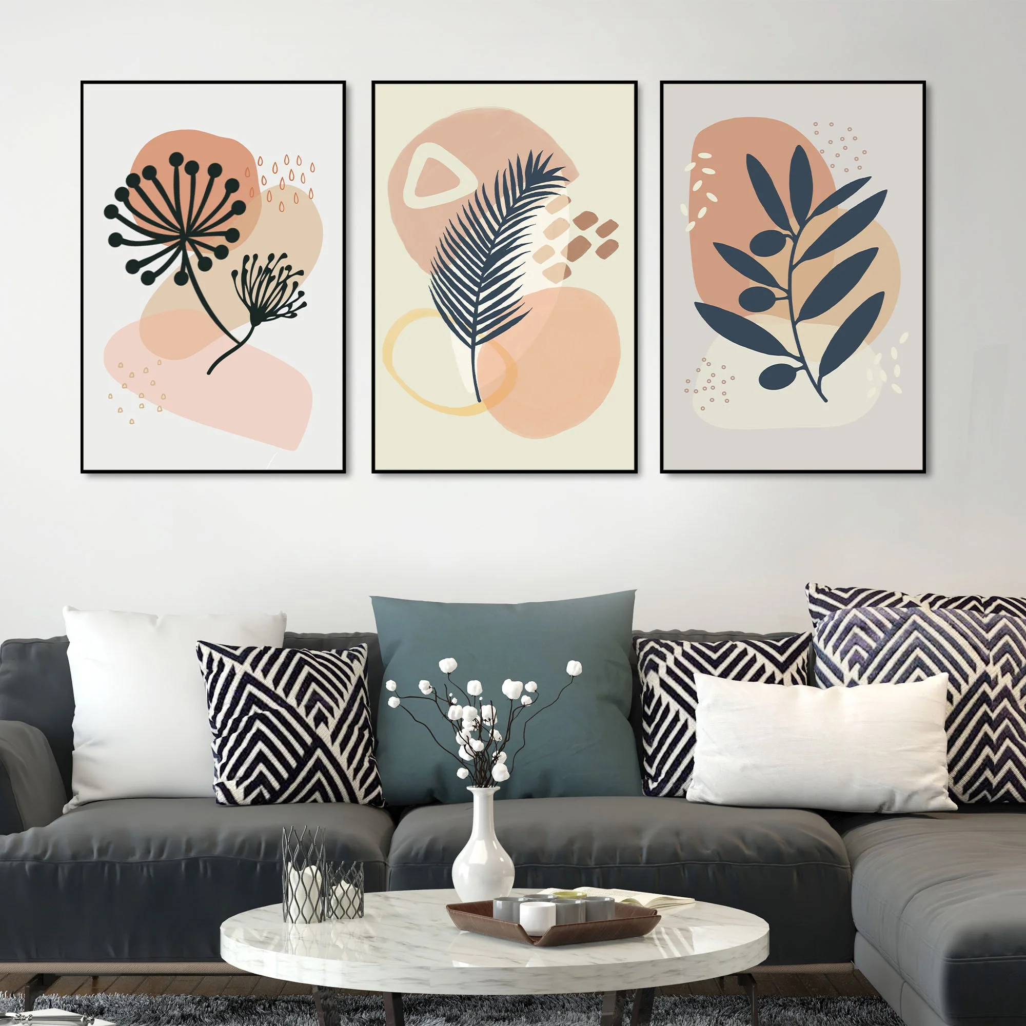 Flower & Leaves Floating Canvas Wall Painting Set of Three - Image 2