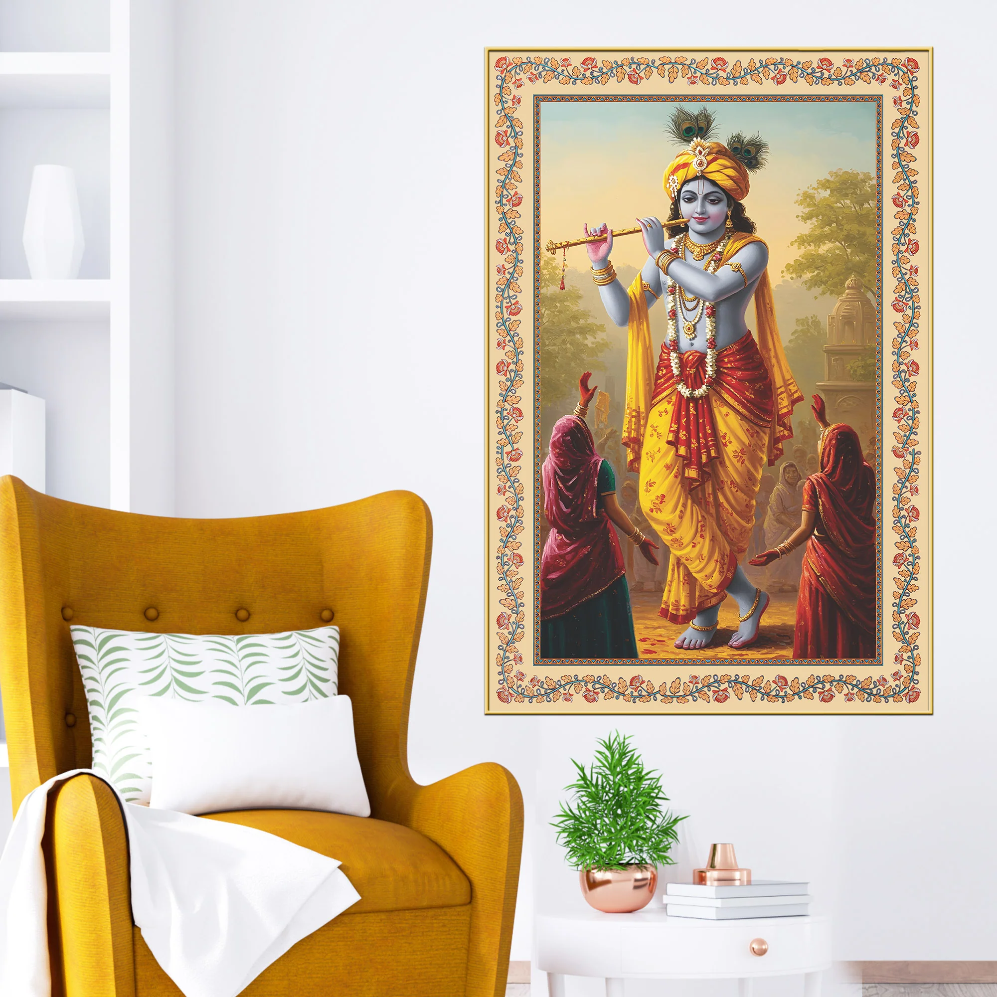 Flute of the Divine Floral Border Vertical Canvas Wall Painting - Image 2