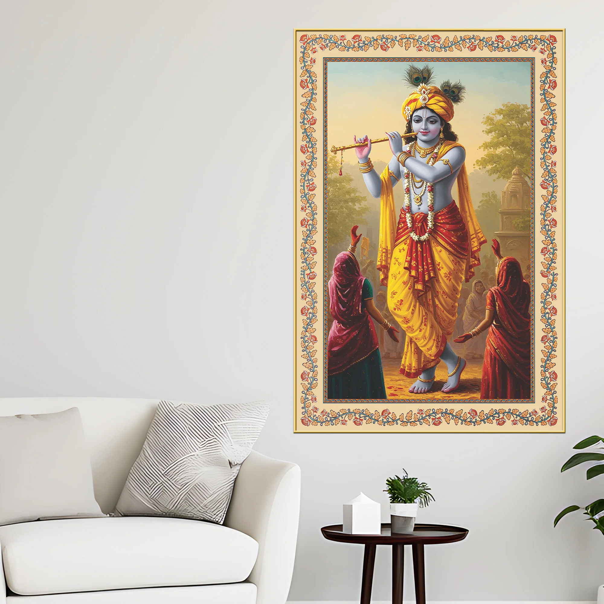 Flute of the Divine Floral Border Vertical Canvas Wall Painting - Image 3