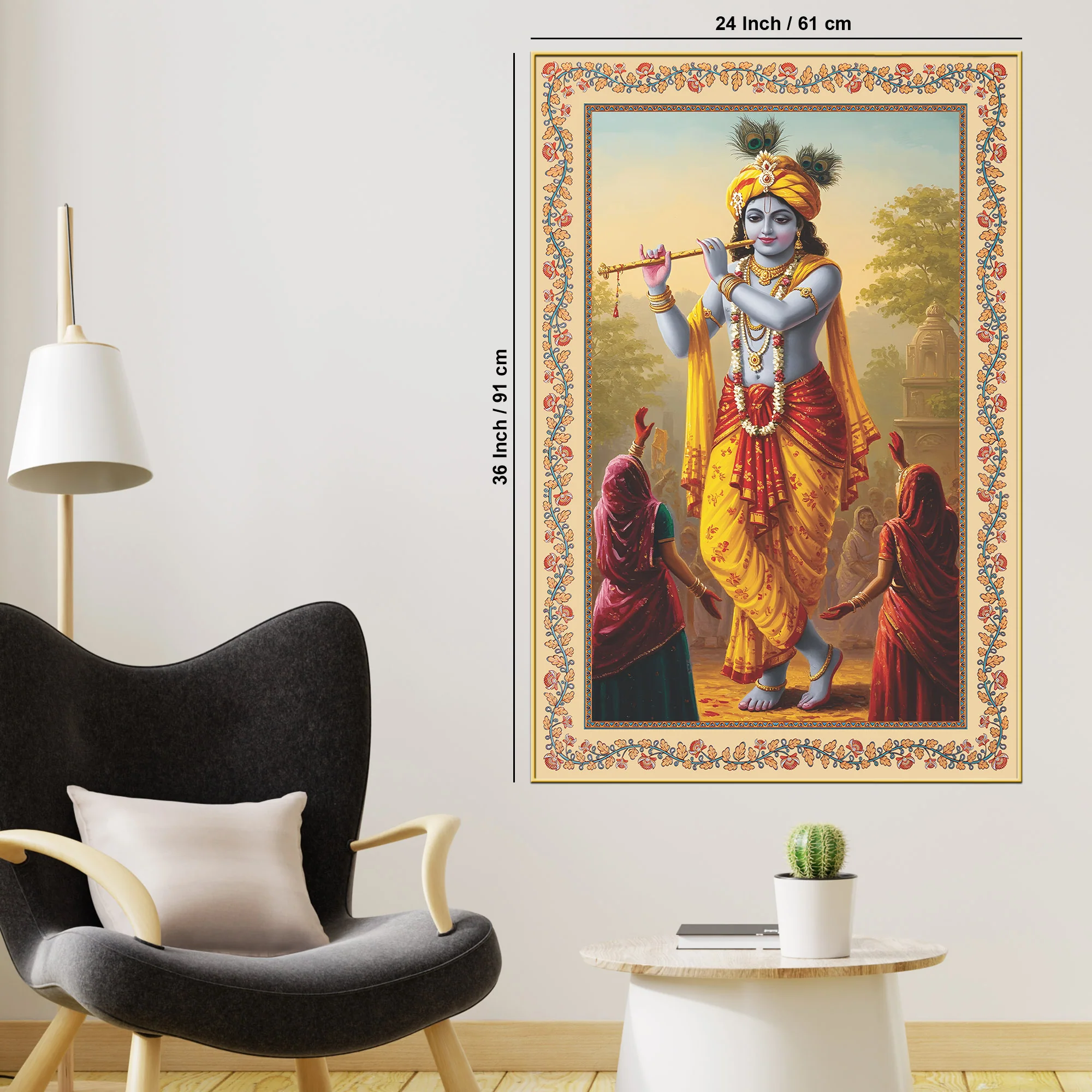 Flute of the Divine Floral Border Vertical Canvas Wall Painting - Image 6