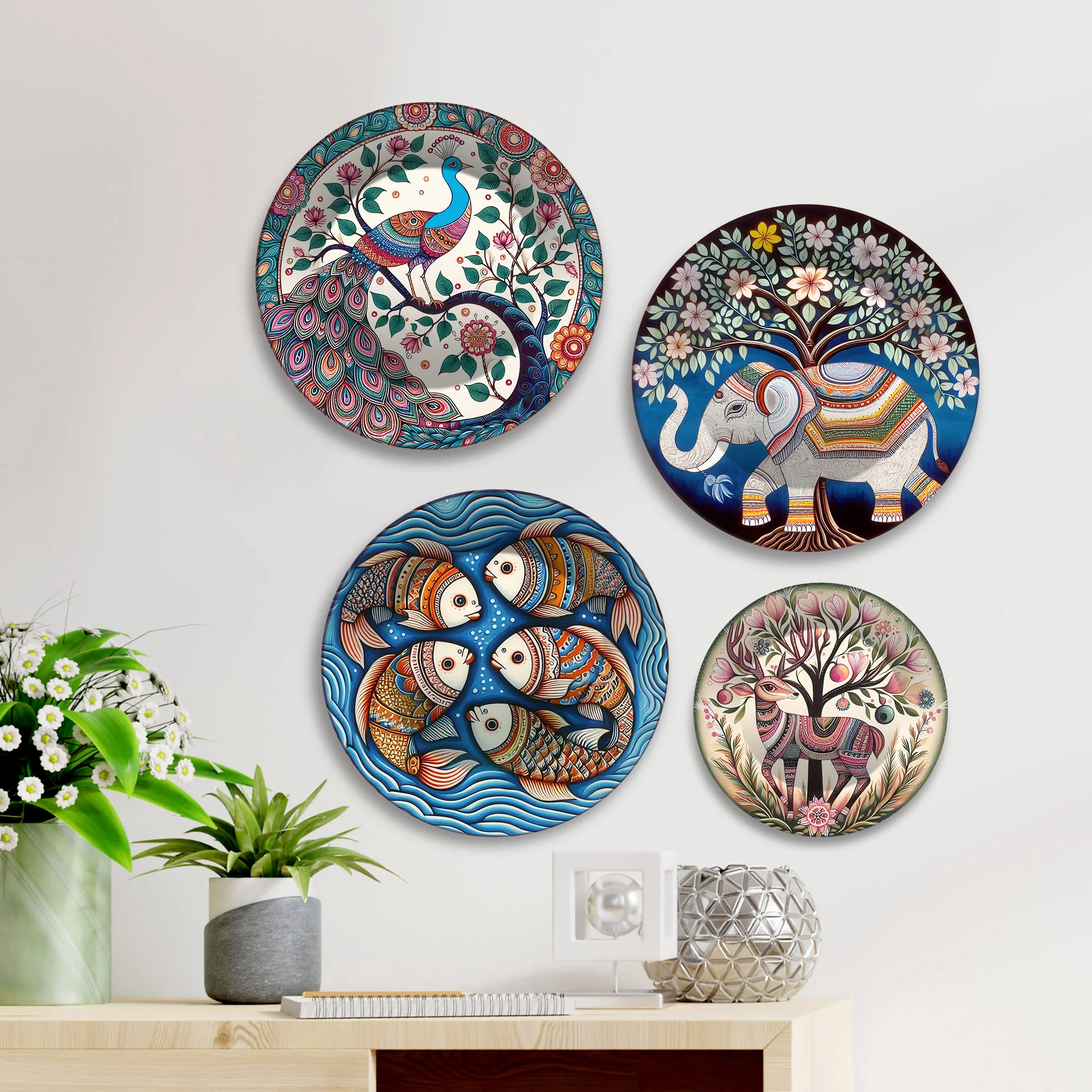 Folk Art Ethnic Animal Art Premium Wall Plates Painting Set of Four - Image 2