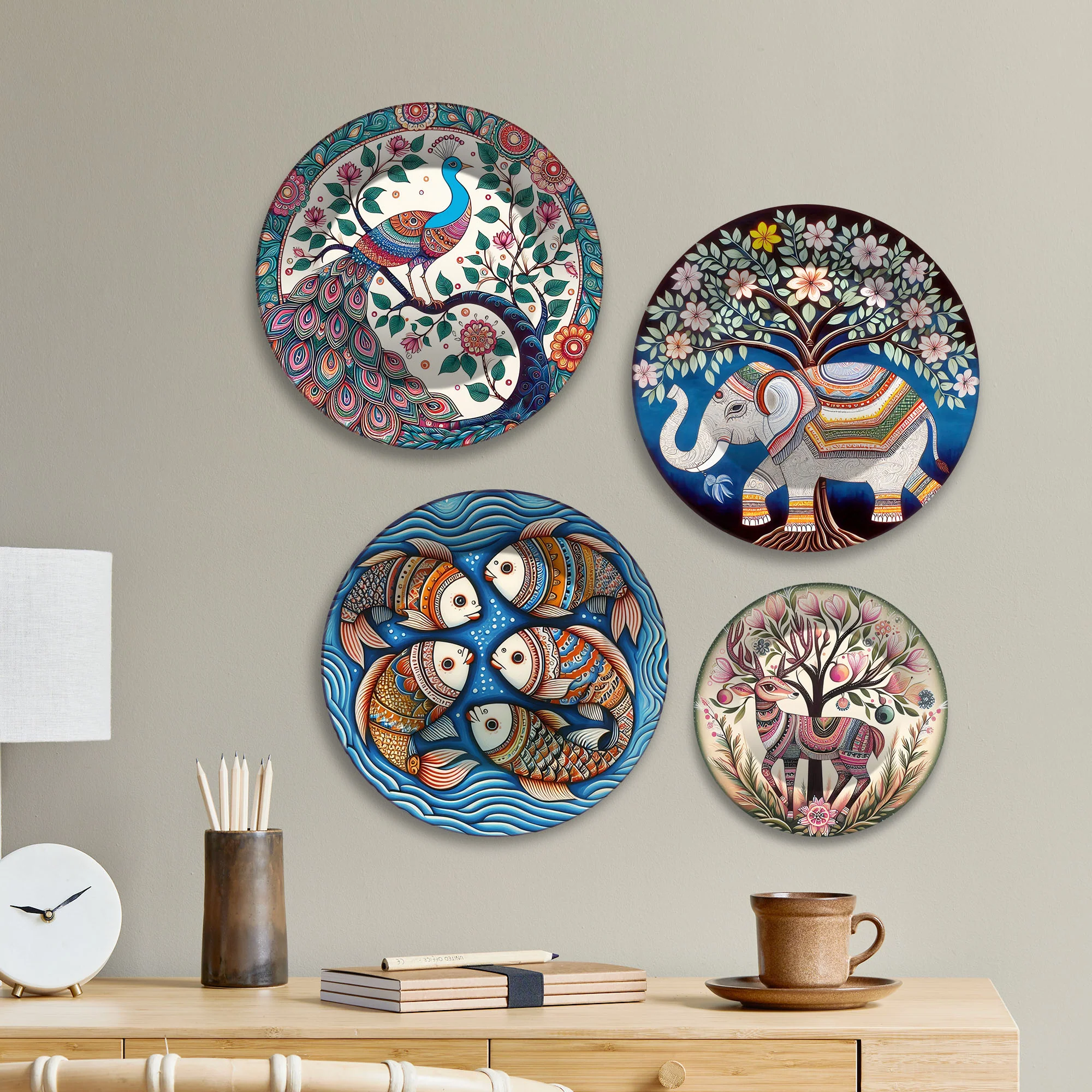 Folk Art Ethnic Animal Art Premium Wall Plates Painting Set of Four - Image 3