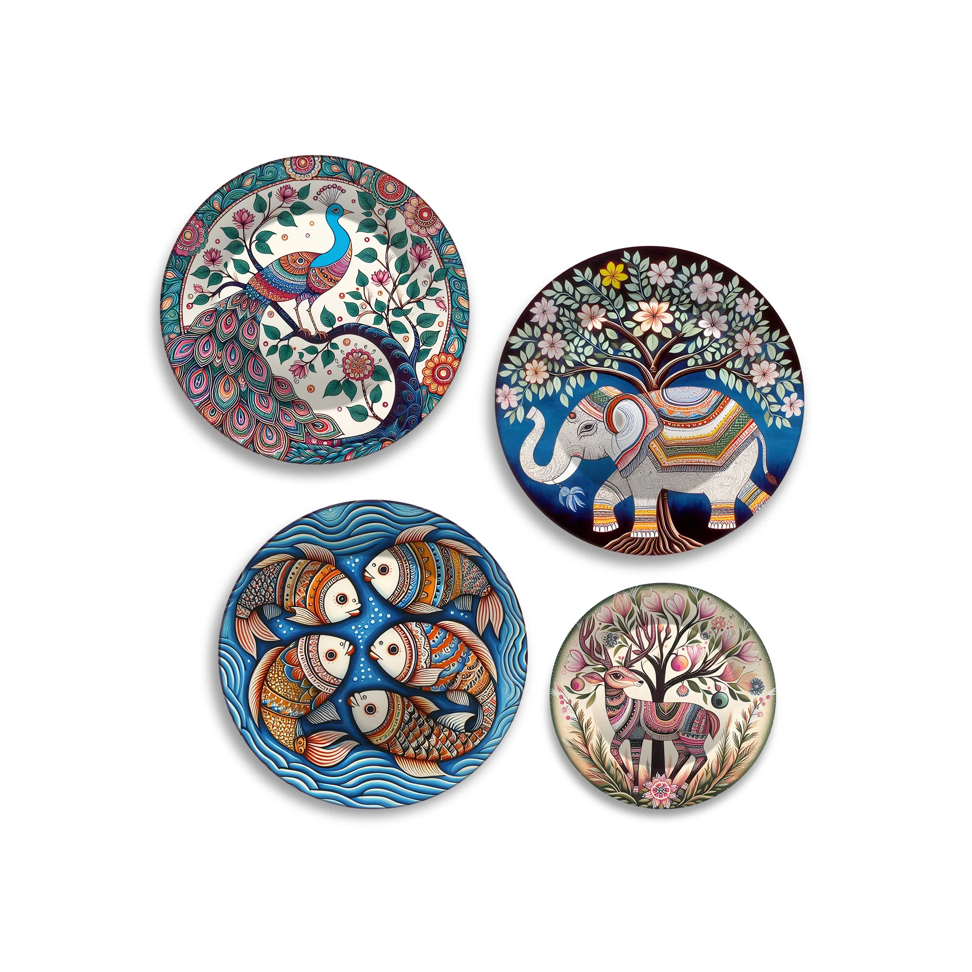 Folk Art Ethnic Animal Art Premium Wall Plates Painting Set of Four - Image 4
