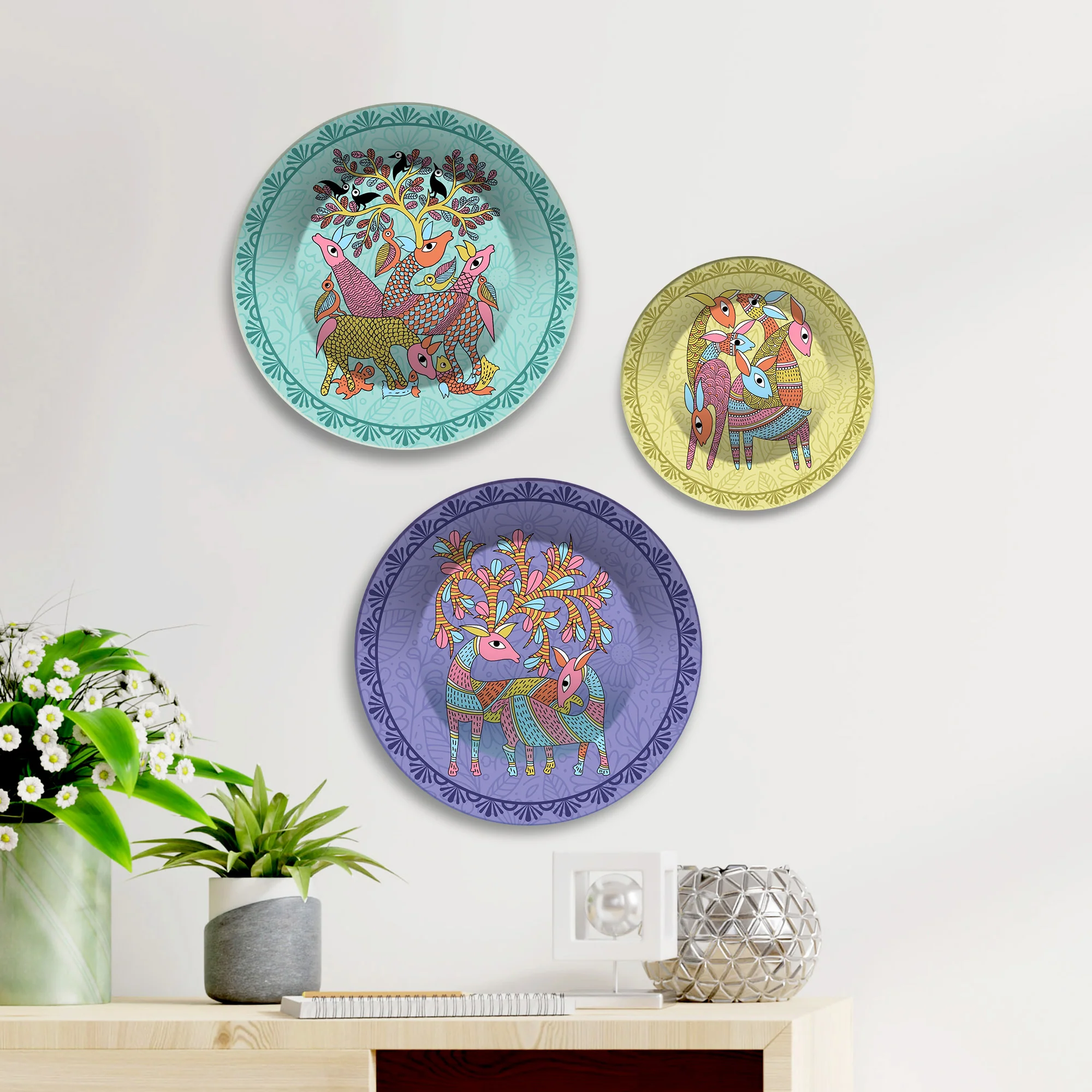Folk Deer Wilderness Premium Wall Plates Painting Set of 3 - Image 2