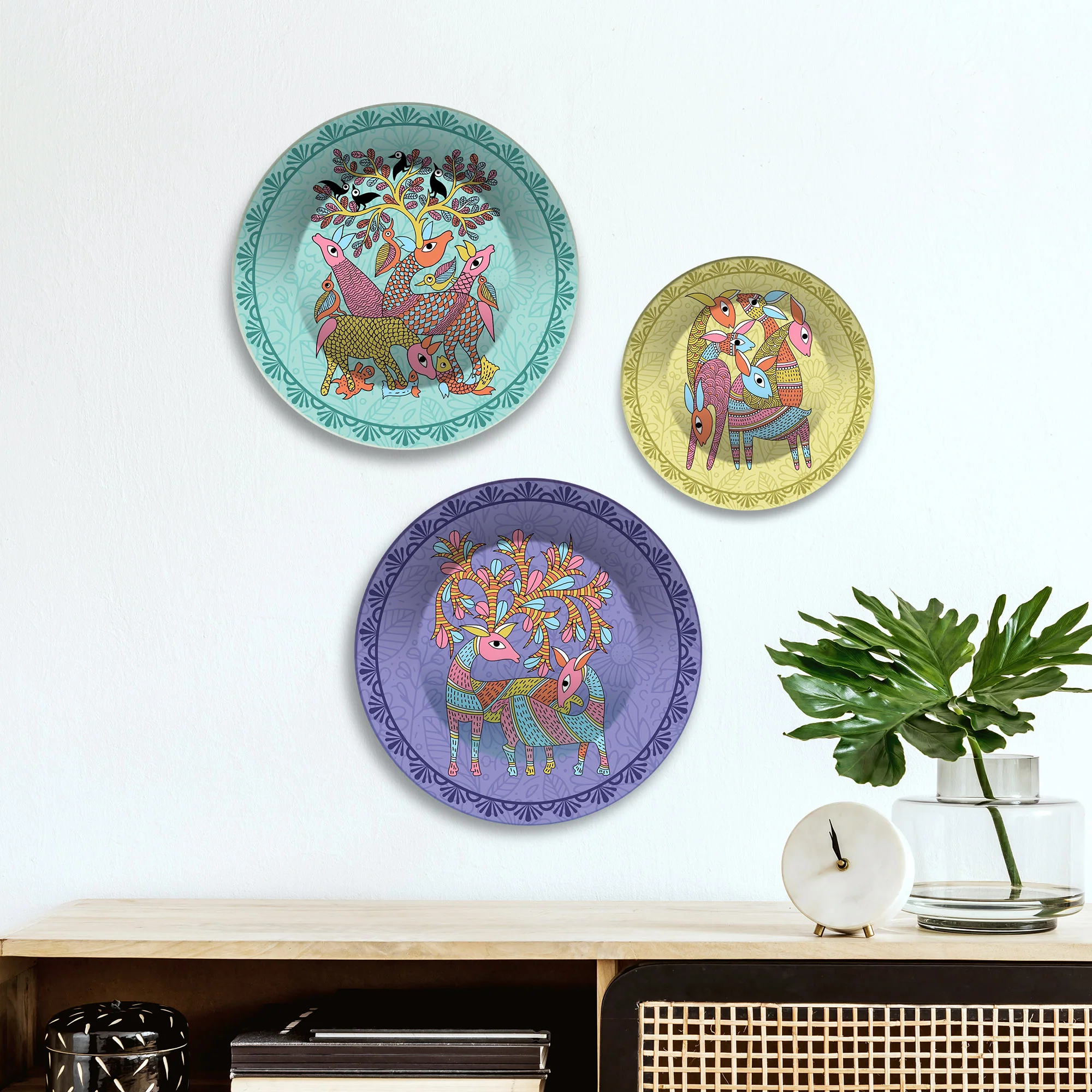 Folk Deer Wilderness Premium Wall Plates Painting Set of 3 - Image 3